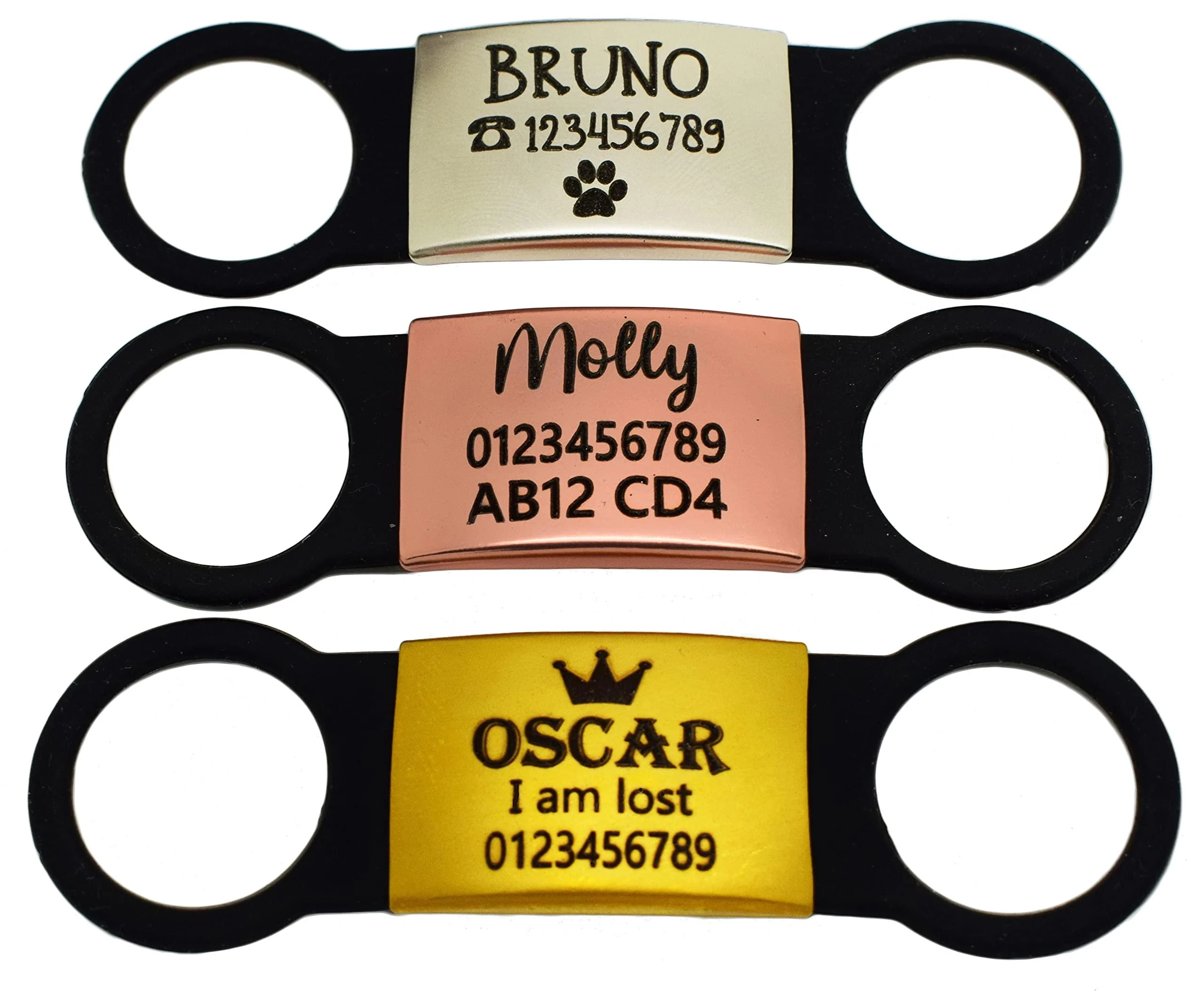 Slide ON Collar Stainless Steel with Elastic Silicone Engraving Rectangle ID Name DISC Personalised PET Dog CAT TAG Different Font Tags-Laser Engraving (M-(1.8cm-4cm) Silver-Black Rubber) M-(1.8cm-4cm) Silver-Black Rubber
