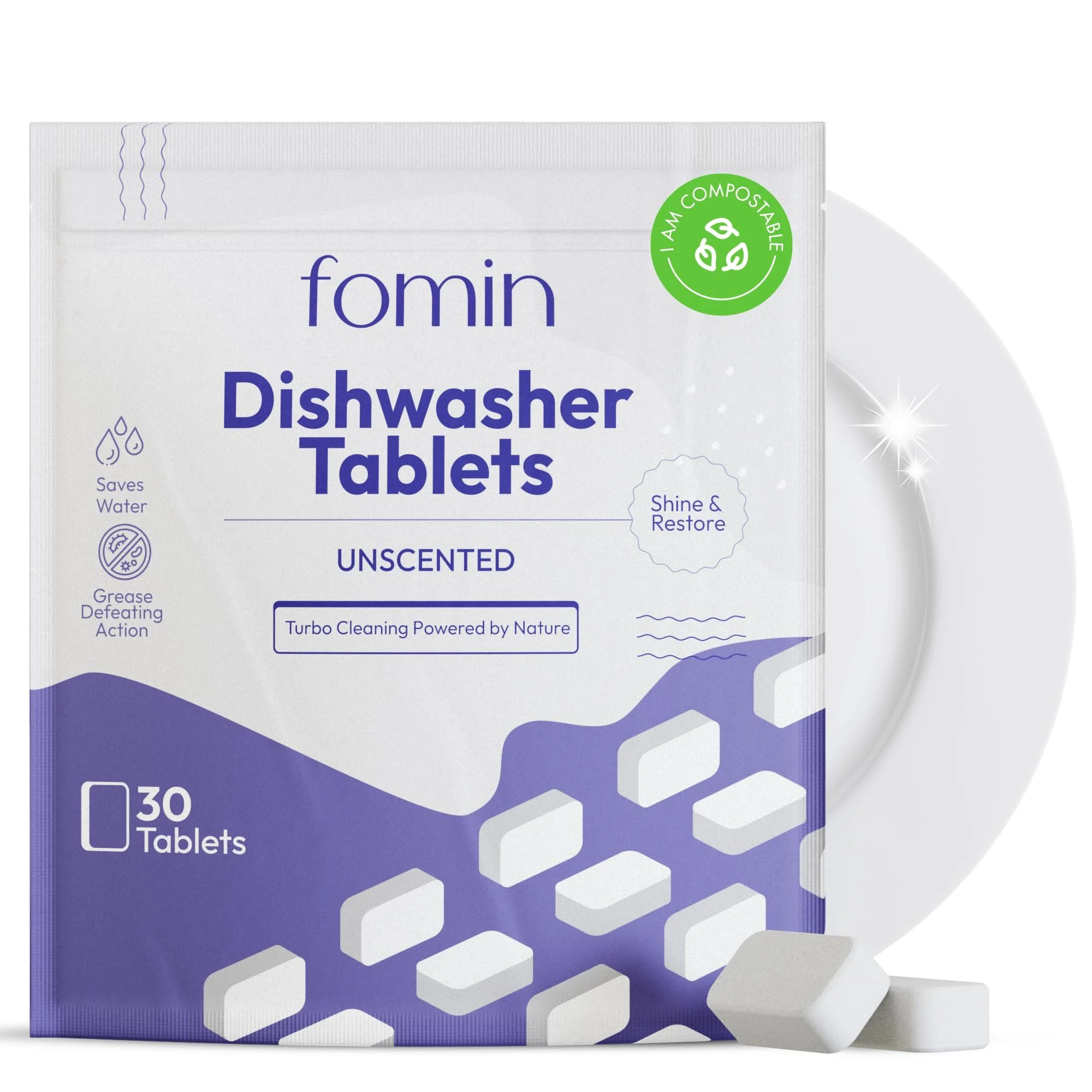 Fomin Dishwasher Detergent Tablets- 30 Count - Deep Cleaning & Deodorizer Tablets Plastic-Free Septic Safe Natural Dishwasher Cleaner Tablets - Sparkling & Clear Dishes