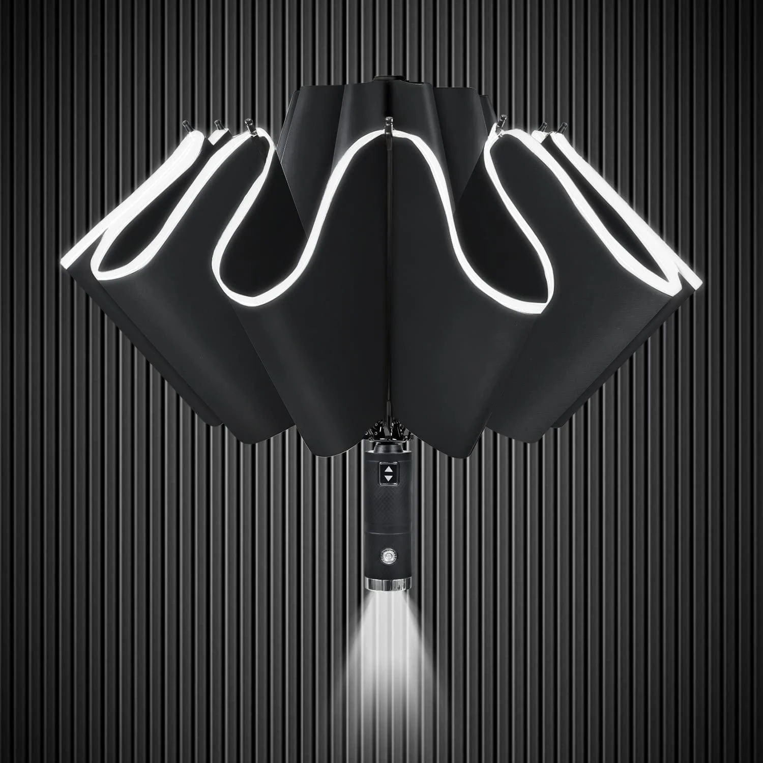 Lejorain Folding Reverse LED Umbrella - Upside Down Reflective Umbrella Compact Inverted Travel Windproof Umbrella Auto Open Close for Rain 1.Black