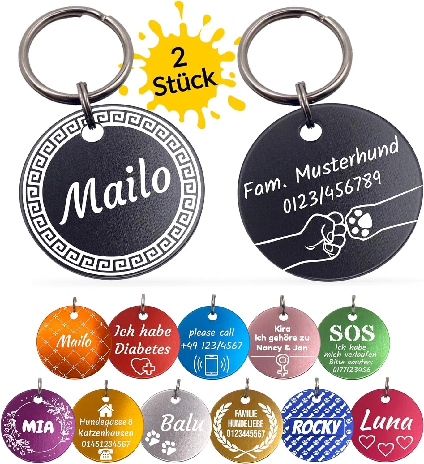 Unique branding |2 pieces of recognition brands |Dog cat and master |Dog brand personalized |On both sides with engraving |round |Blue |35 mm blue 35 - Unikat Branding