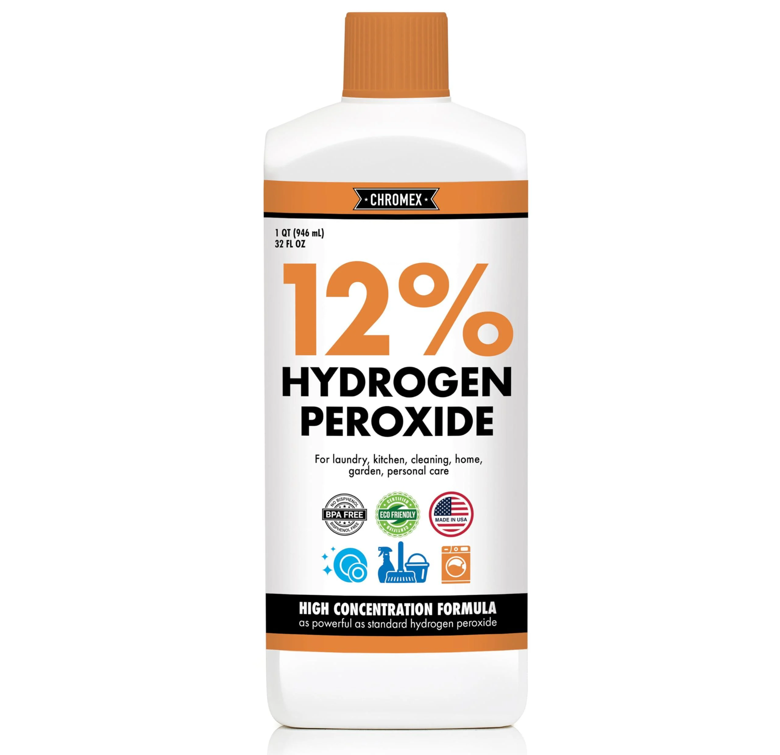 Chromex Hydrogen Peroxide 12 Percent Food Grade 4x Power Concentrated Solution Versatile Uses include Topical Care Home Kitchen Bath Cleaner Laundry Whitening Quart