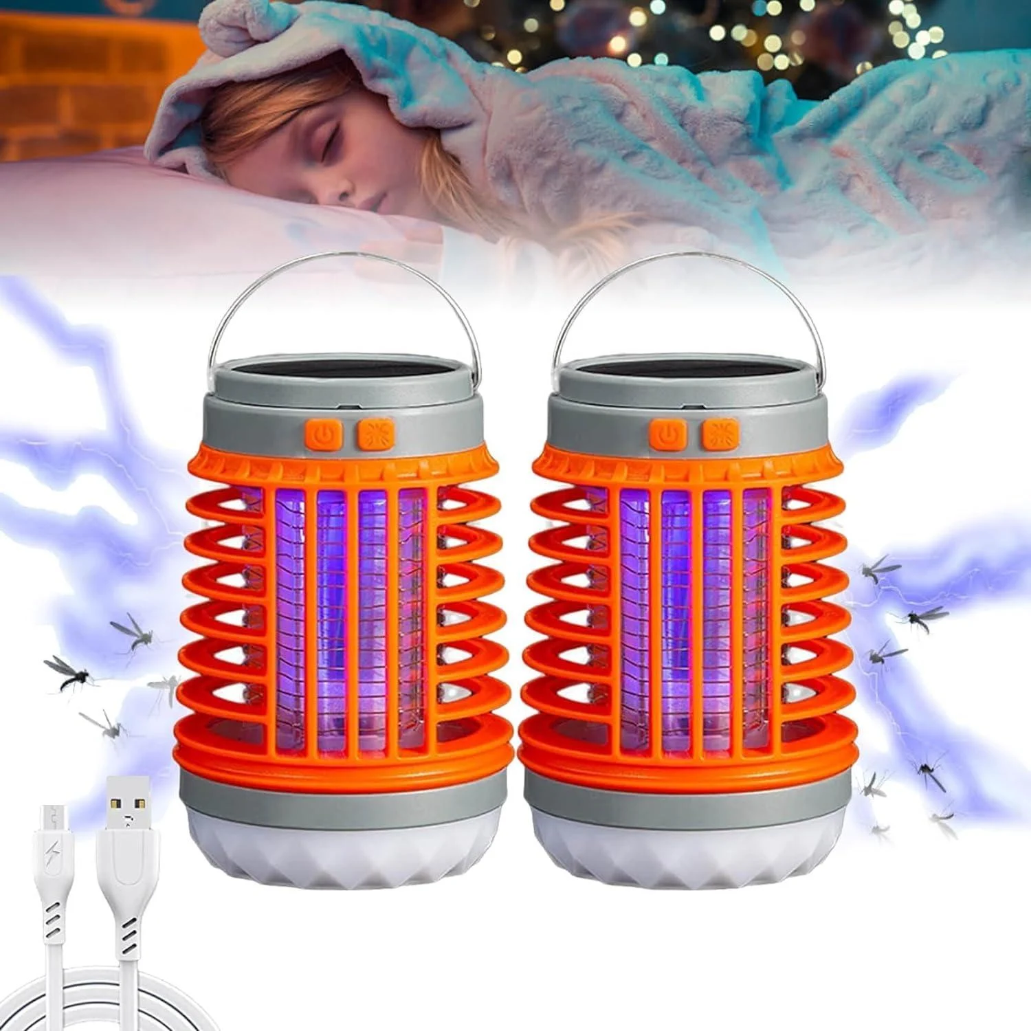 Solar Bug Zapper Outdoor Waterproof Mosquito Zapper for Patio Home Camping 3 in 1 Cordless Mosquito Light Killer Portable Small Bug Zapper - Camping Light Flashlight - Blue 2 PCS (Orange)