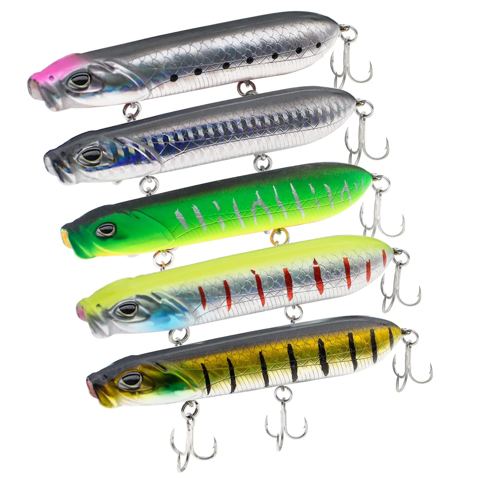 Fishing Lures, Minnow Popper Crank Baits Pencil Bass Trout Fishing Lures with Hooks, Topwater Artificial Hard Swimbaits for Saltwater Freshwater Trout Walleye Blueback Salmon Catfish B-5pc,3.94",0.63oz