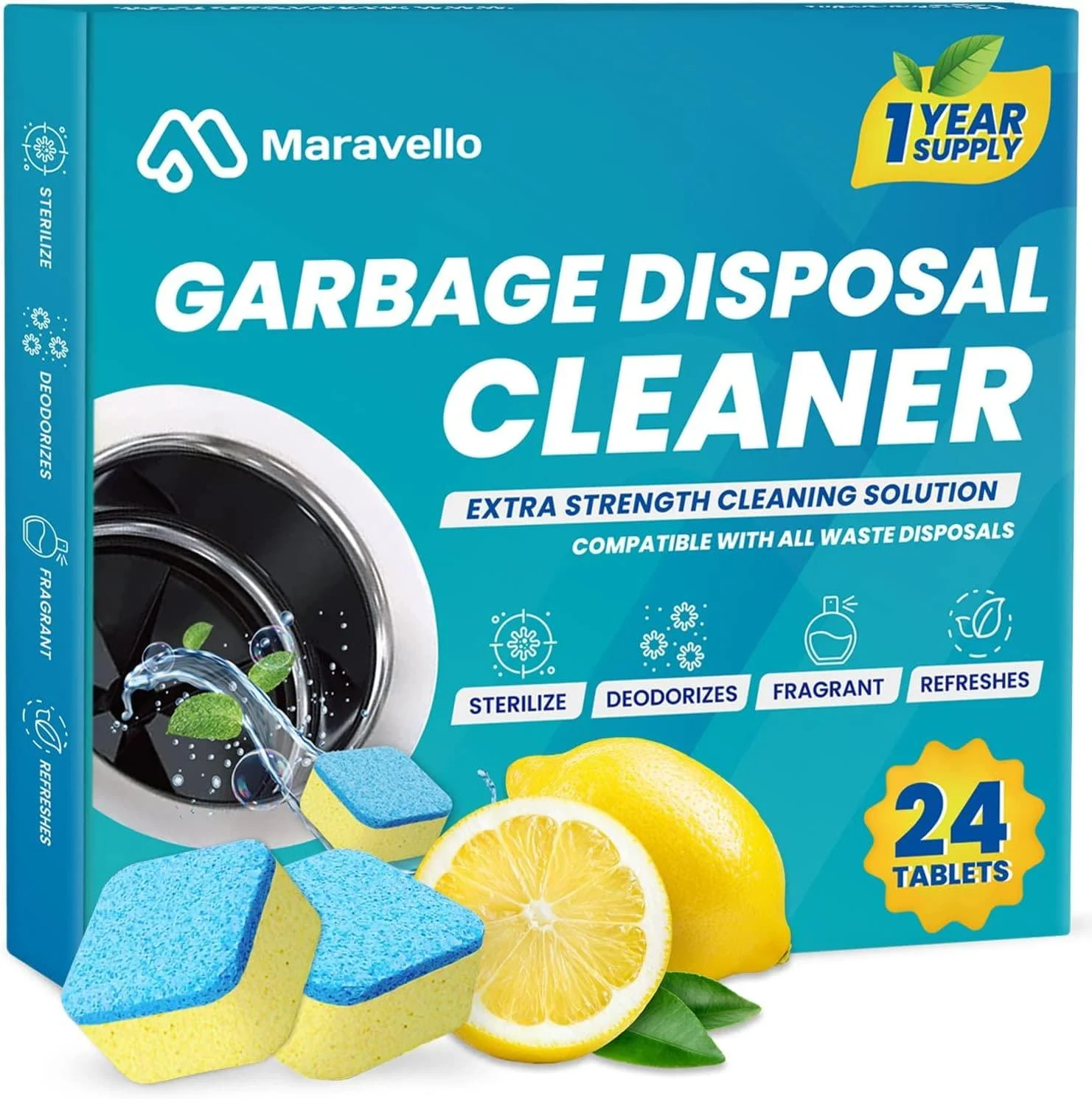 Maravello Disposal Cleaner and Deodorizer, Powerful Extra-Strength Sink Disposal Cleaner with Fresh Scent, Foaming Formula, 24 Tablets, 1 Year Supply Active Fresh