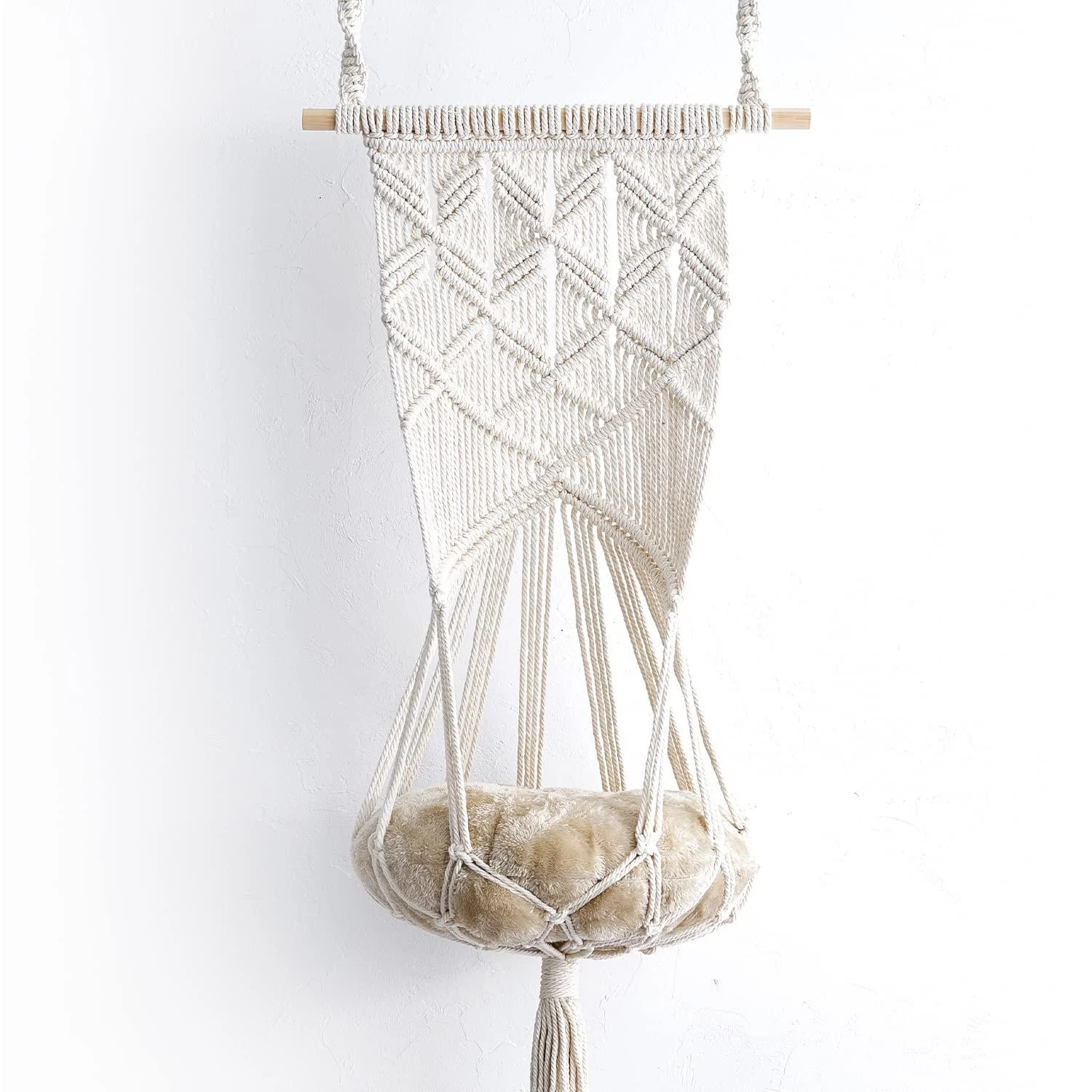 Macrame Cat Hammock Bed with Cushion - Cute Cat Hanging Bed - Hang on Wall, Ceiling, Window or Headboard, Boho Room Decor, Hanging Kit Included, Floating Cat Shelf Macrame Decor, Boho Wall Hanging