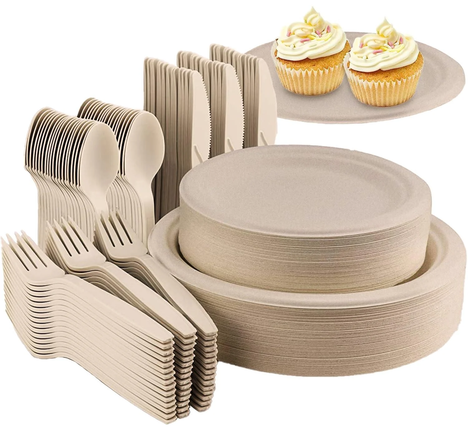 Disposable Paper Plates Set 250Pcs Disposable Dinnerware Set Compostable Plate Sugarcane Utensils Eco Friendly Dinnerware Kit Includes 50 Biodegradable Plates Forks Knives and Spoons for Party - CESTMIOR