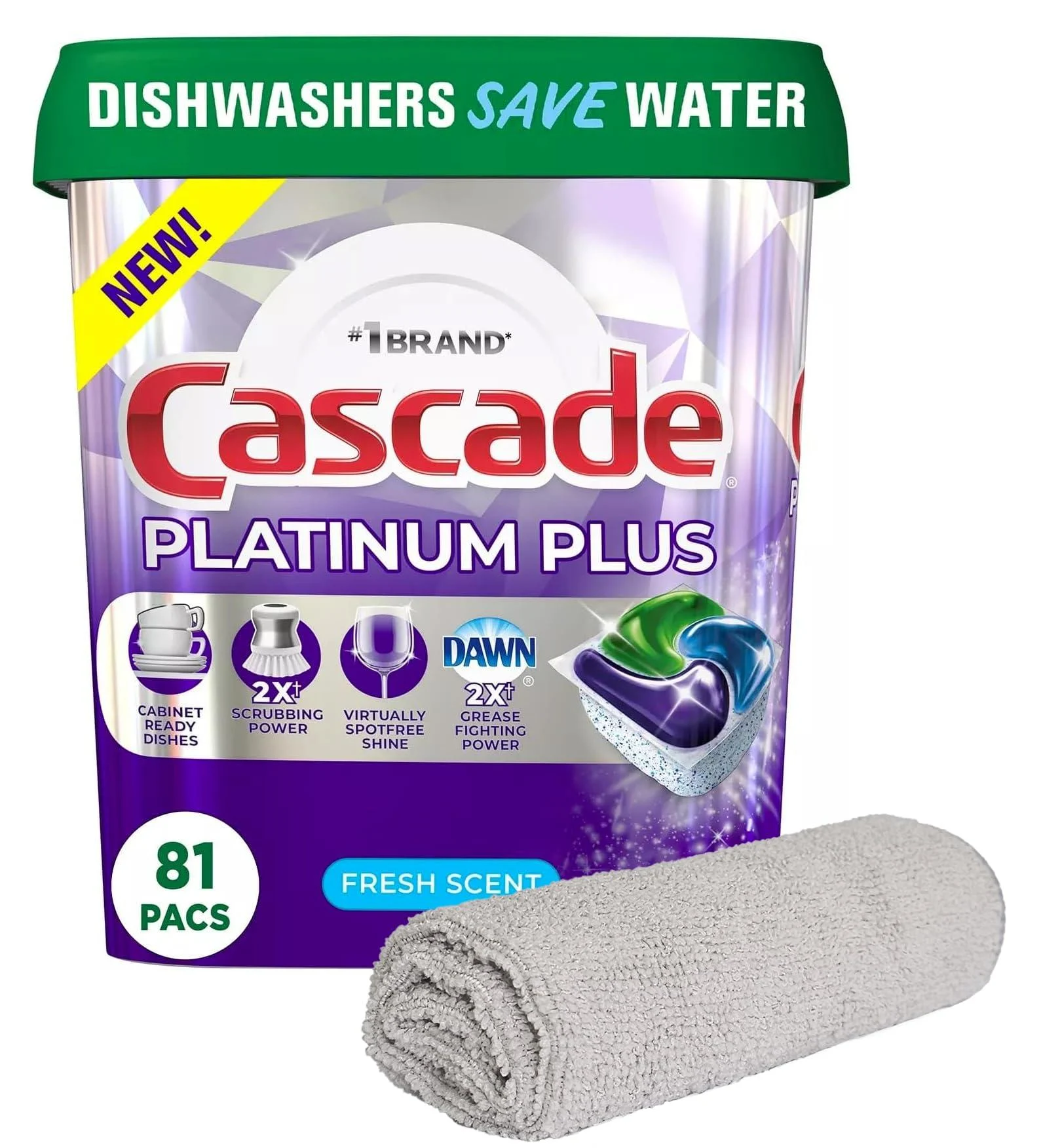PURPUR Cloth & Cascade Platinum Plus ActionPacs Dishwasher Detergent Pods Fresh Scent (81 Ct)