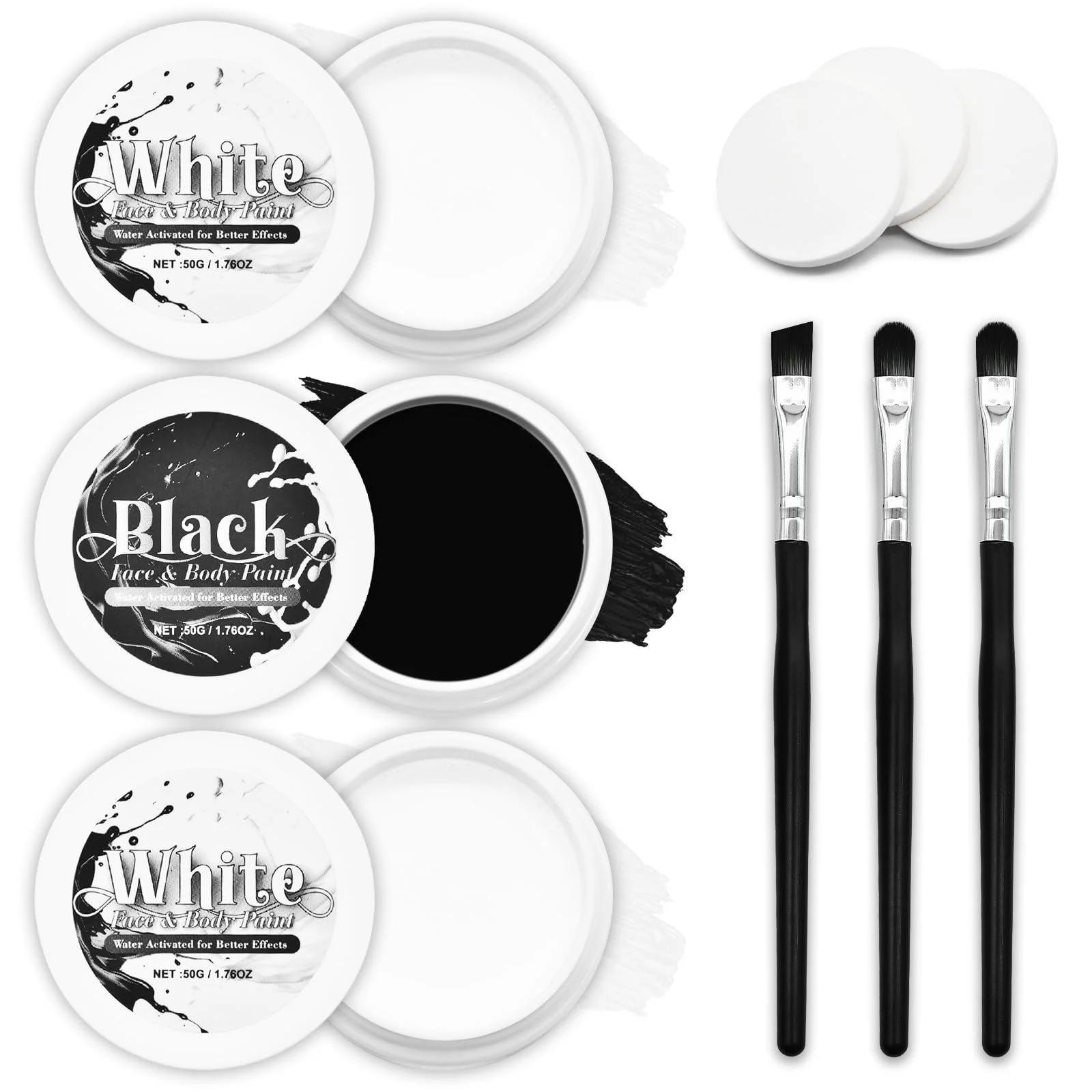 3-Piece Black White Face Paint Set (2 White 1 Black) - 1.76 oz Each Includes Sponge and Brushes Professional SFX Makeup Kit for Halloween Skeleton Ghost Skull Cosplay Full Coverage Body Paints