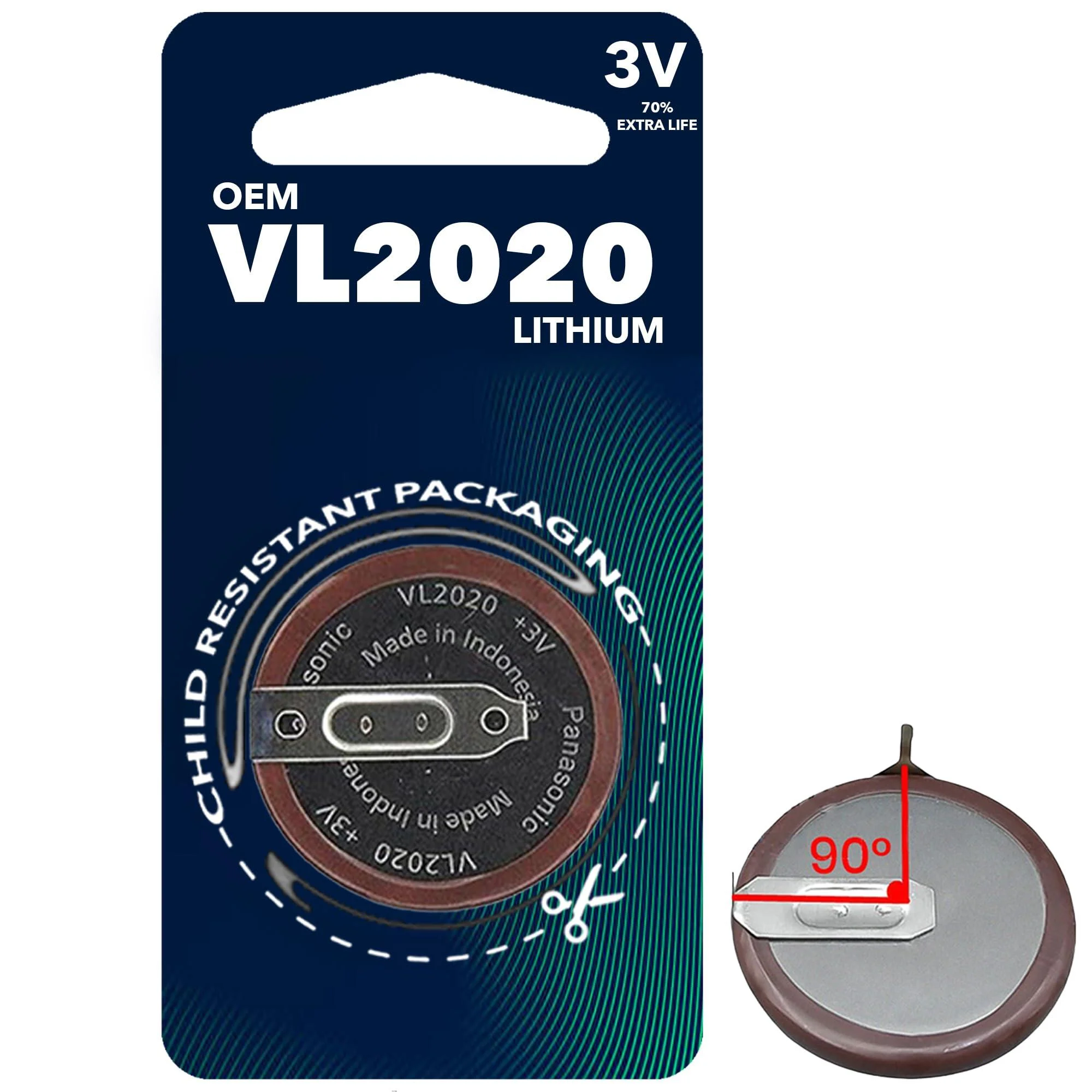 OEM VL2020 - Rechargeable Battery - Lithium Coin 3V 90 Degree Tab