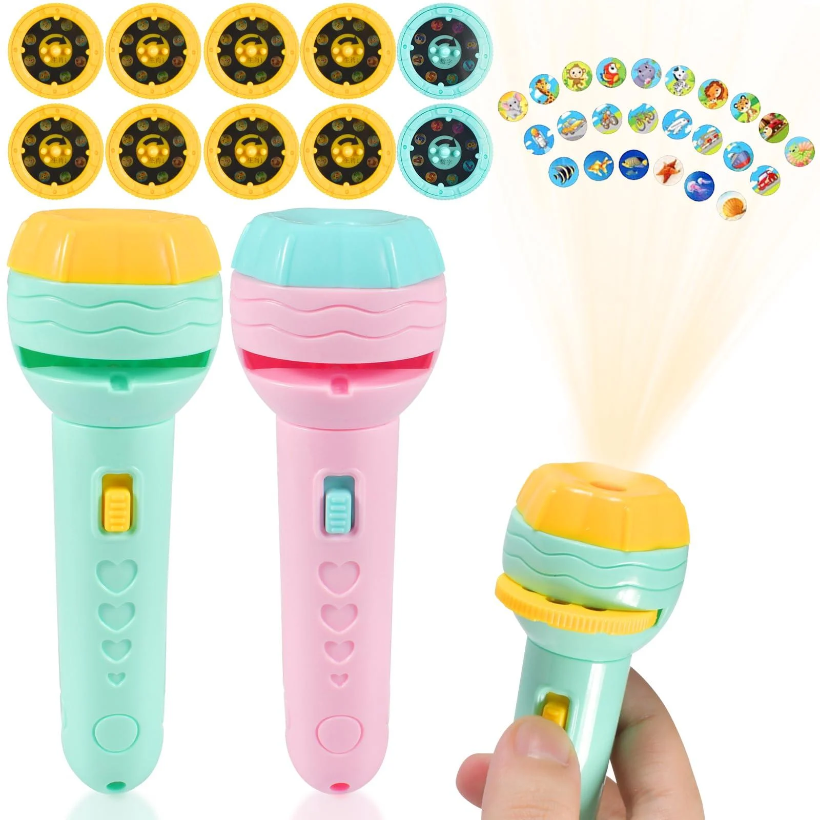 Funmo 2 x flashlight projector for children slide projector flashlights with 80 animal patterns dinosaurs transport vehicles slide projector flashlight projector flashlight children suitable
