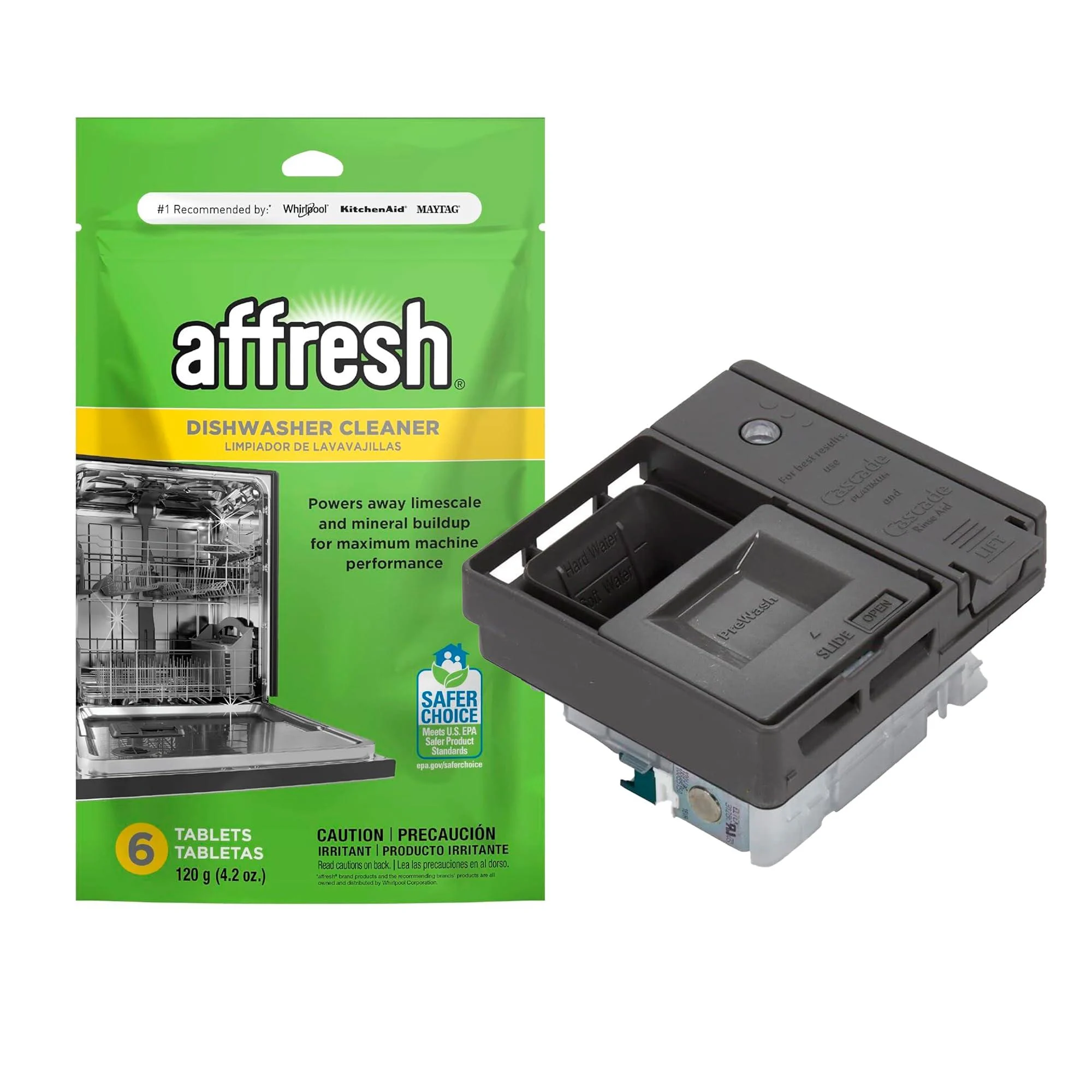 Upgraded W10861000 Detergent Dispenser Assembly & W10282479 Dishwasher Cleaner Helps Remove Limescale and Odor-Causing Residue 6 Tablets