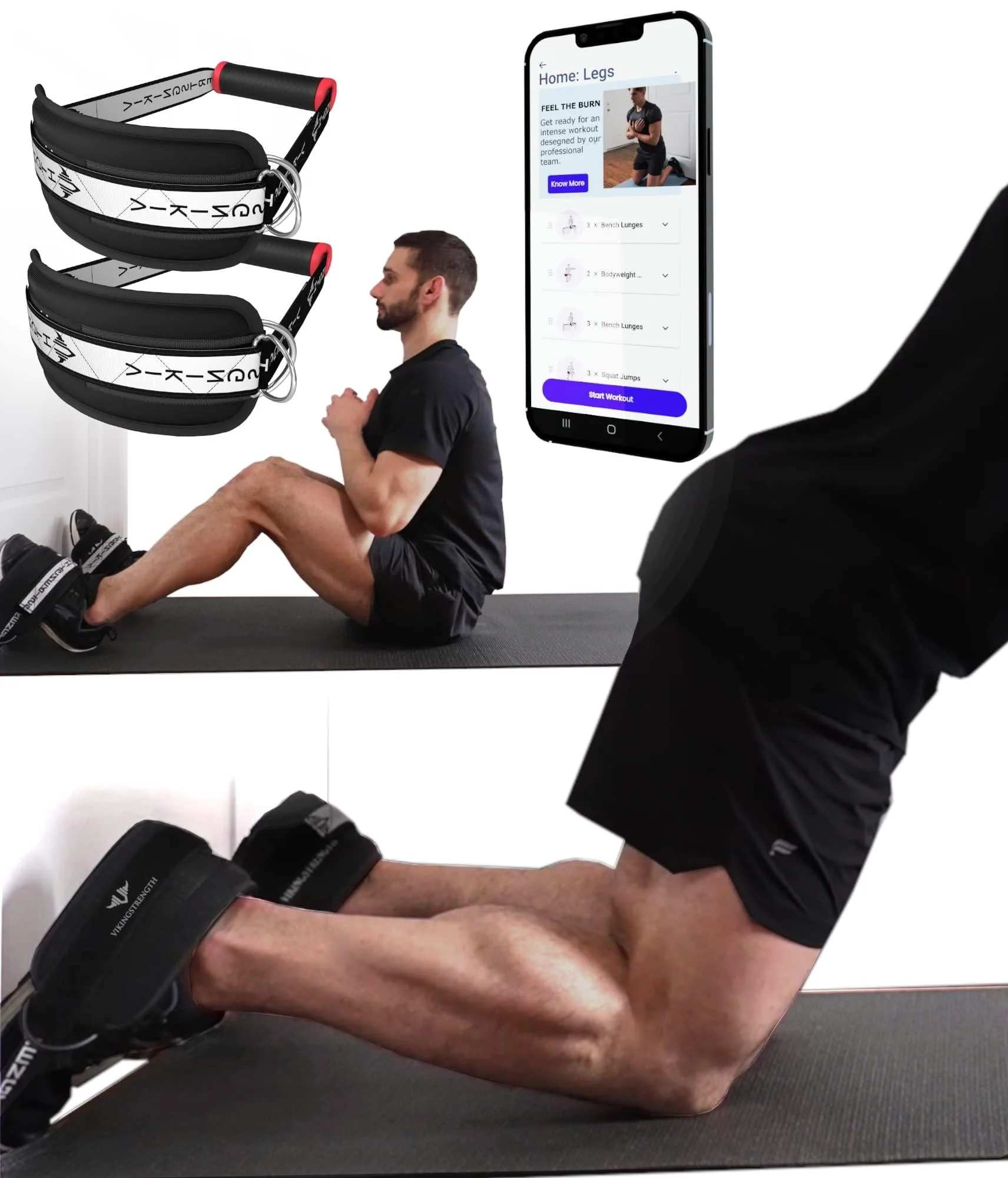Vikingstrength VOL 2 Nordic Hamstring Curl with Extra Long Straps - Super Stability, Nordic Curl Home Equipment, glute, Hamstring, Speed + Exercise Handles, Ankle Straps + V-Strength Workout App
