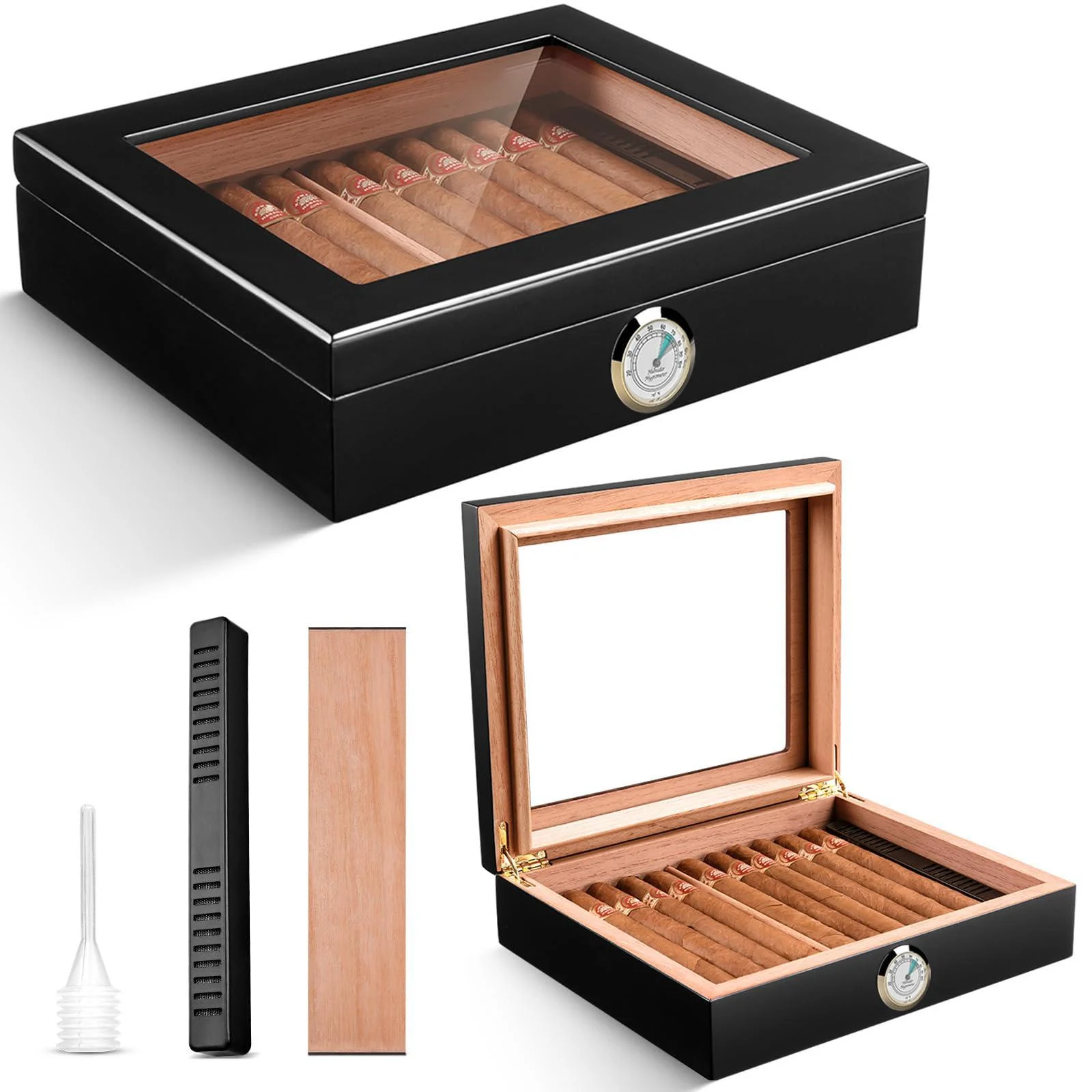 CIGARLOONG Cigar Humidor Spanish Cedar Desktop Box with Humidifier and Hygrometer Hold up to 25 Cigars(Color:Black)