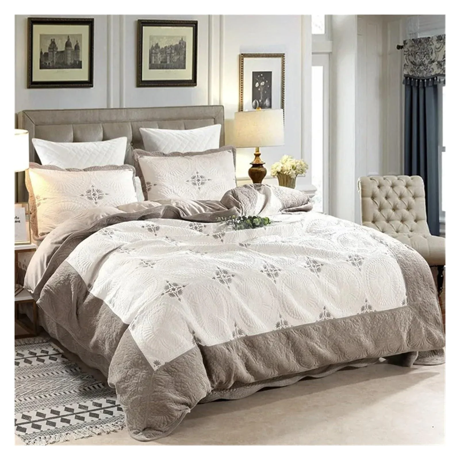 Autumn Winter Bedspread on The Bed Cotton Quilt Set 3/4pcs Embroidered Plush Duvet Cover Coverlet Queen Size Bed Cover Blankets Soft (Brown Queen Set 4pcs) - HGIURUEIUIGREGHT