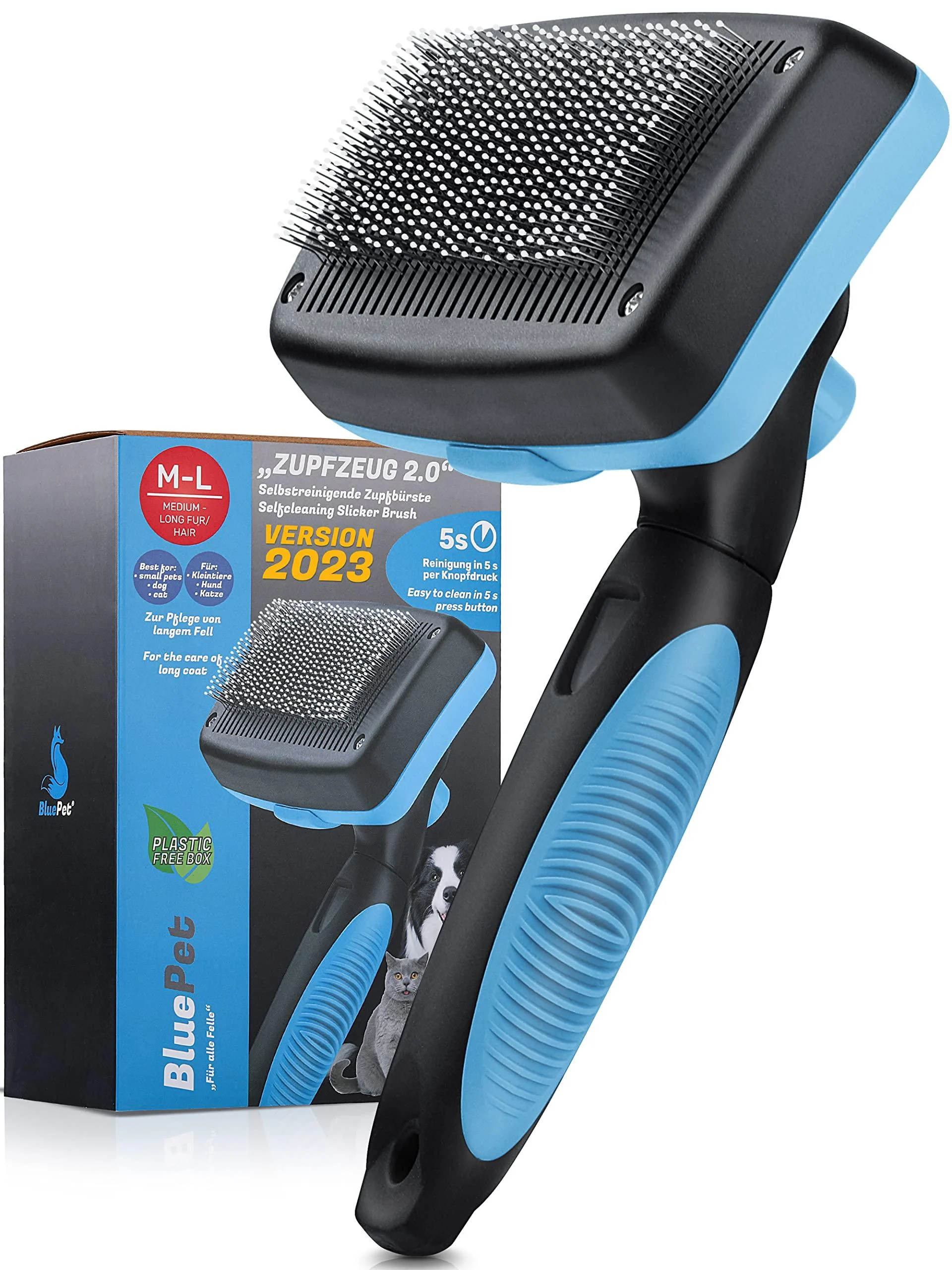 Bluepet Dogs brush & cat brush for long -haired - gently gently undercoat matters & knot - plug version 2023 with a cleaning button - for daily use (blue)