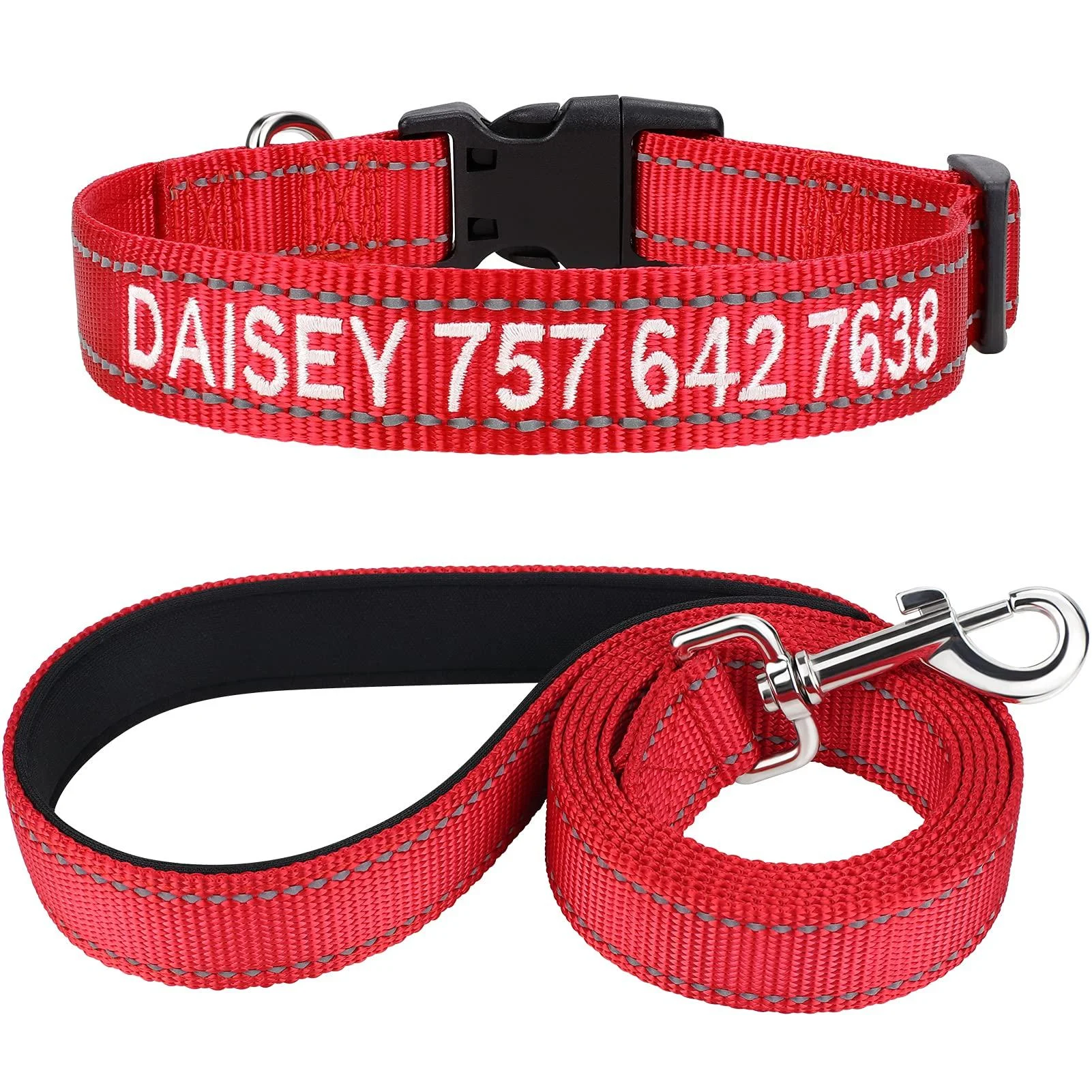 Tagme dog collar and leash personalizing reflective dog collar with 1.5m double -sided reflective dog leash for large dogs red l (1 Pack) red set