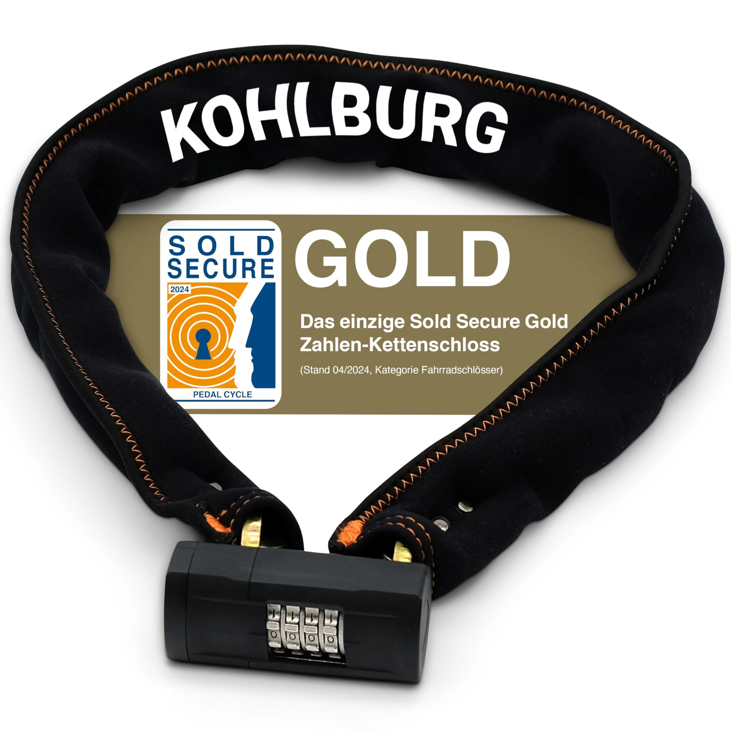 Kohlburg solid 110cm bicycle lock Number lock with maximum safety Sold Secure Gold - Safe chain lock with numbers & 8mm chain - lock with a number code for bicycle e -bike & motorcycle