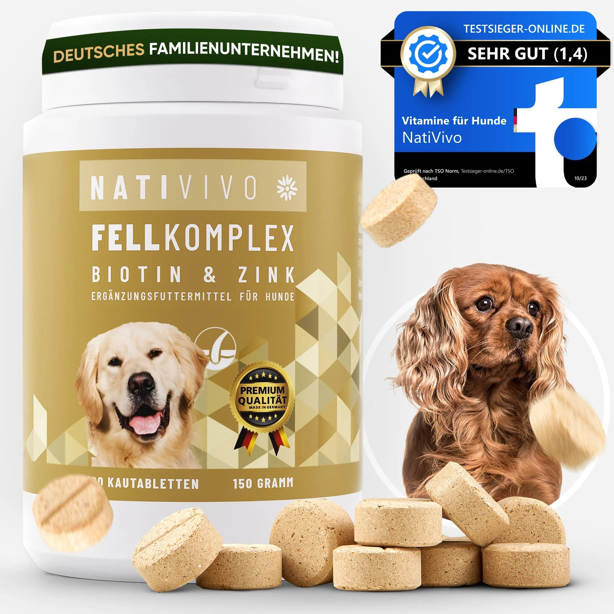 Nativivo test winner 100 tablets of high -dose probiotic premium biotin+zinc dog complex for a shiny and beautiful fur.Against hair loss itching and dry skin.Made in Germany!
