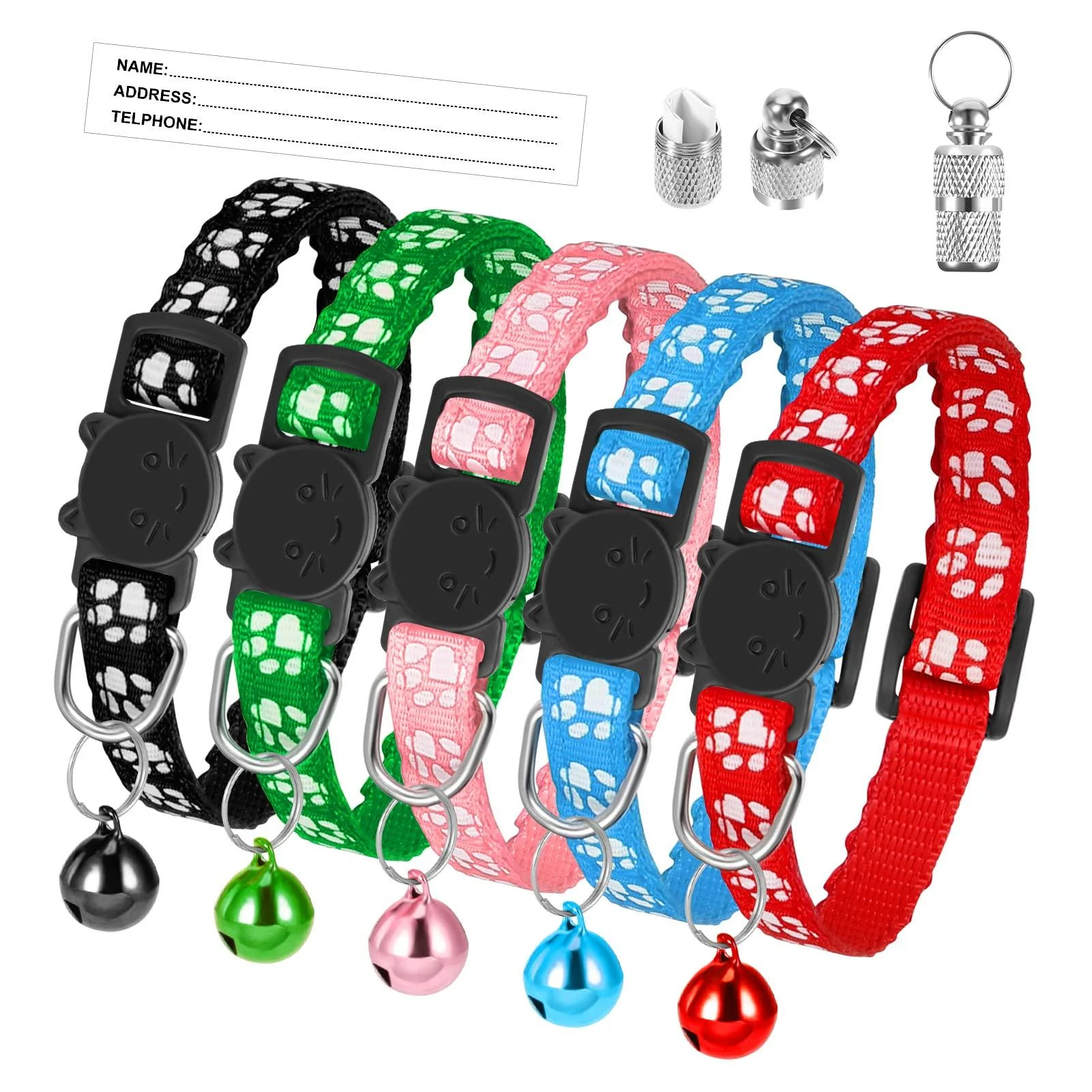 AKlamater 5Pcs Cat Collars with Bells Adjustable Kitten Collar Quick Release Safety Collar with Anti-lost Tags for Cats Kitten Small Pet