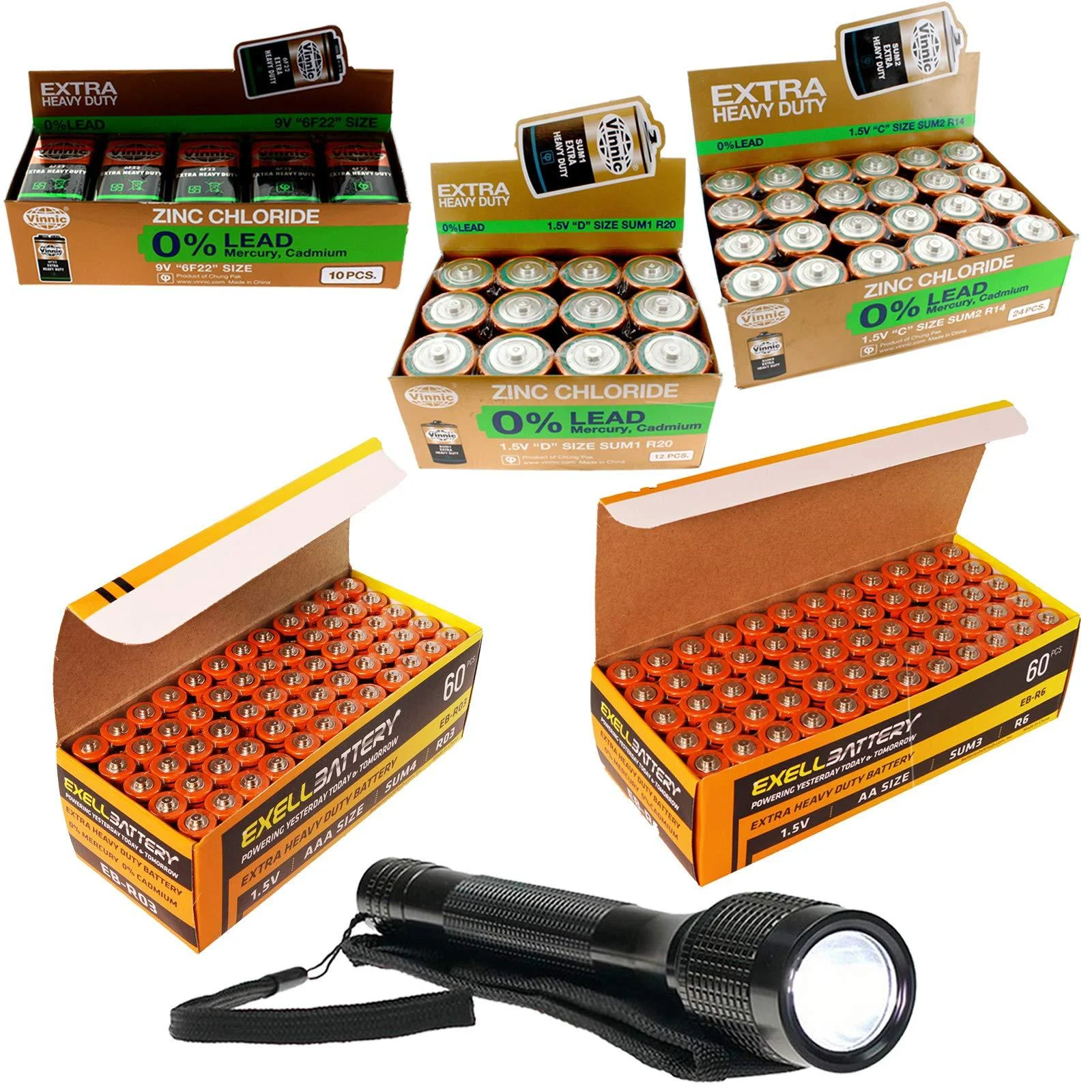 166PC Heavy Duty Batteries Kit Sizes 9V AAA AA D C Plus 140 LUMEN FLASHLIGHT - Exell Battery