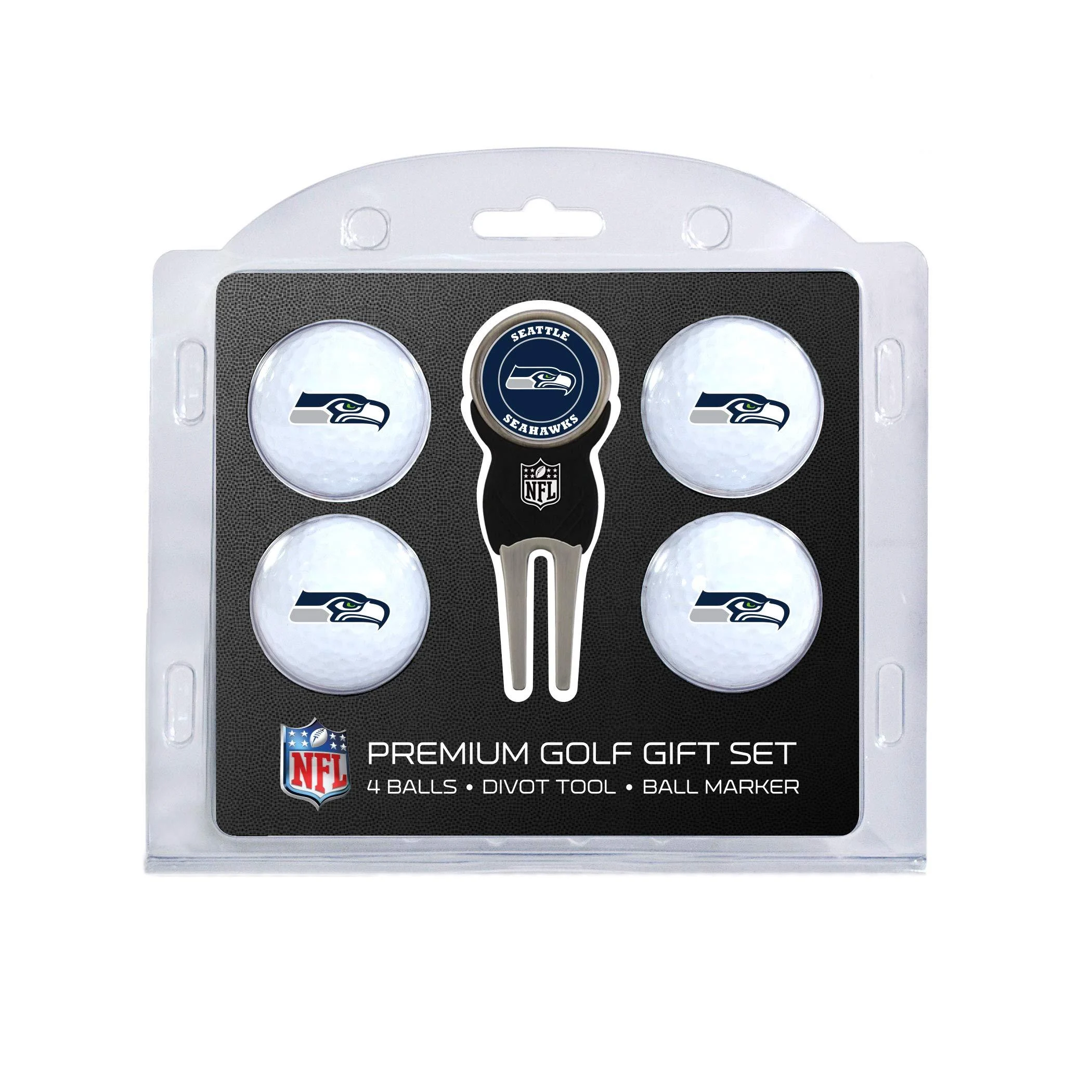 Team Golf NFL Regulation Size Golf Balls (4 Count) & Divot Tool with Removable Double-Sided Magnetic Marker Seattle Seahawks Unity size different team colors.