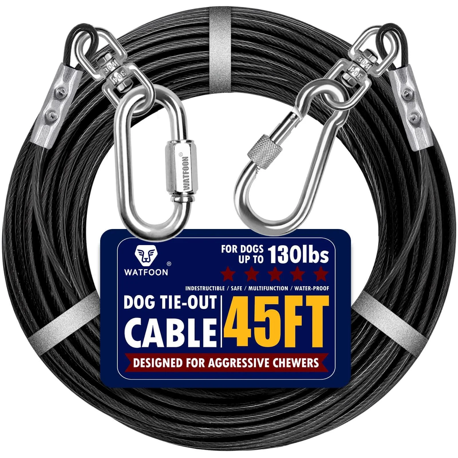Dog Leads for Yard 20ft 25ft 30ft 35ft 40ft 45ft 50ft 55ft 65ft 100ft Dog Tie Out Cable Runner Steel Tieout Heavy Duty Tether Chew Proof Long Dog Chains for Outside Camping Park (45ft-Black)