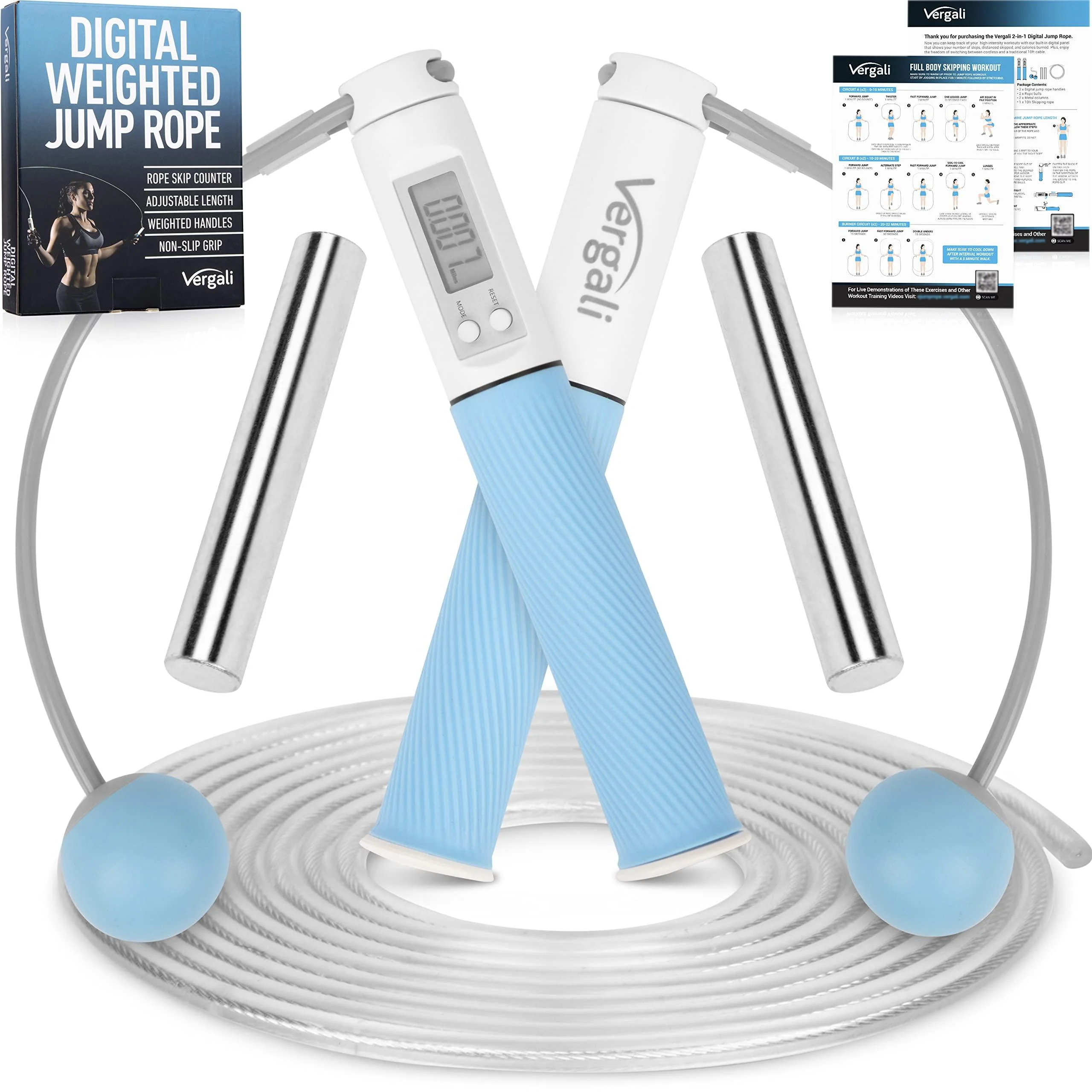 Weighted Jump Rope with Counter for Women and Men. Digital Counting Jump Rope for Workout. Skipping Rope for Exercise and Fitness. Includes Calorie Counter and Cordless Rope - Vergali