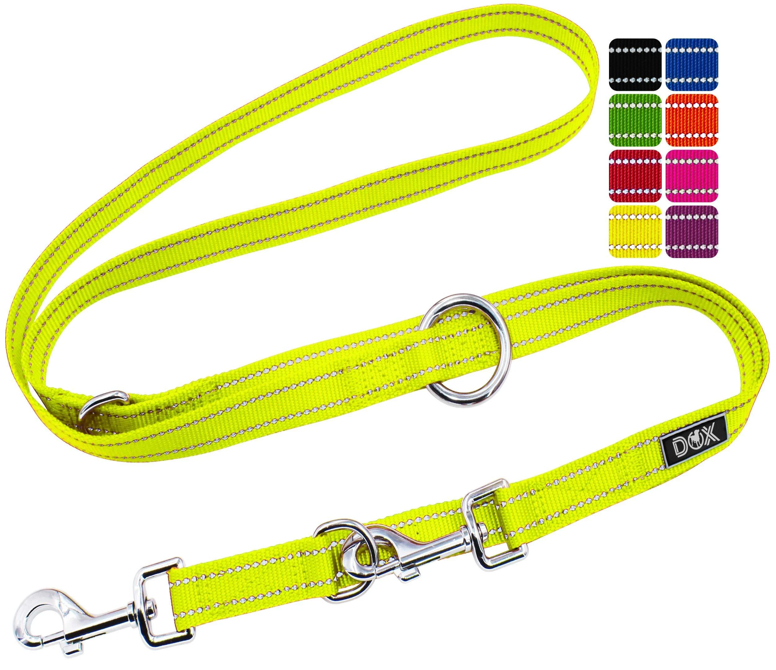 DDOXX Reflective Nylon Dog Leash - 2m 3-way adjustable dog leash for all dog sizes - S (Yellow) S - 1.5 x 200 cm Yellow