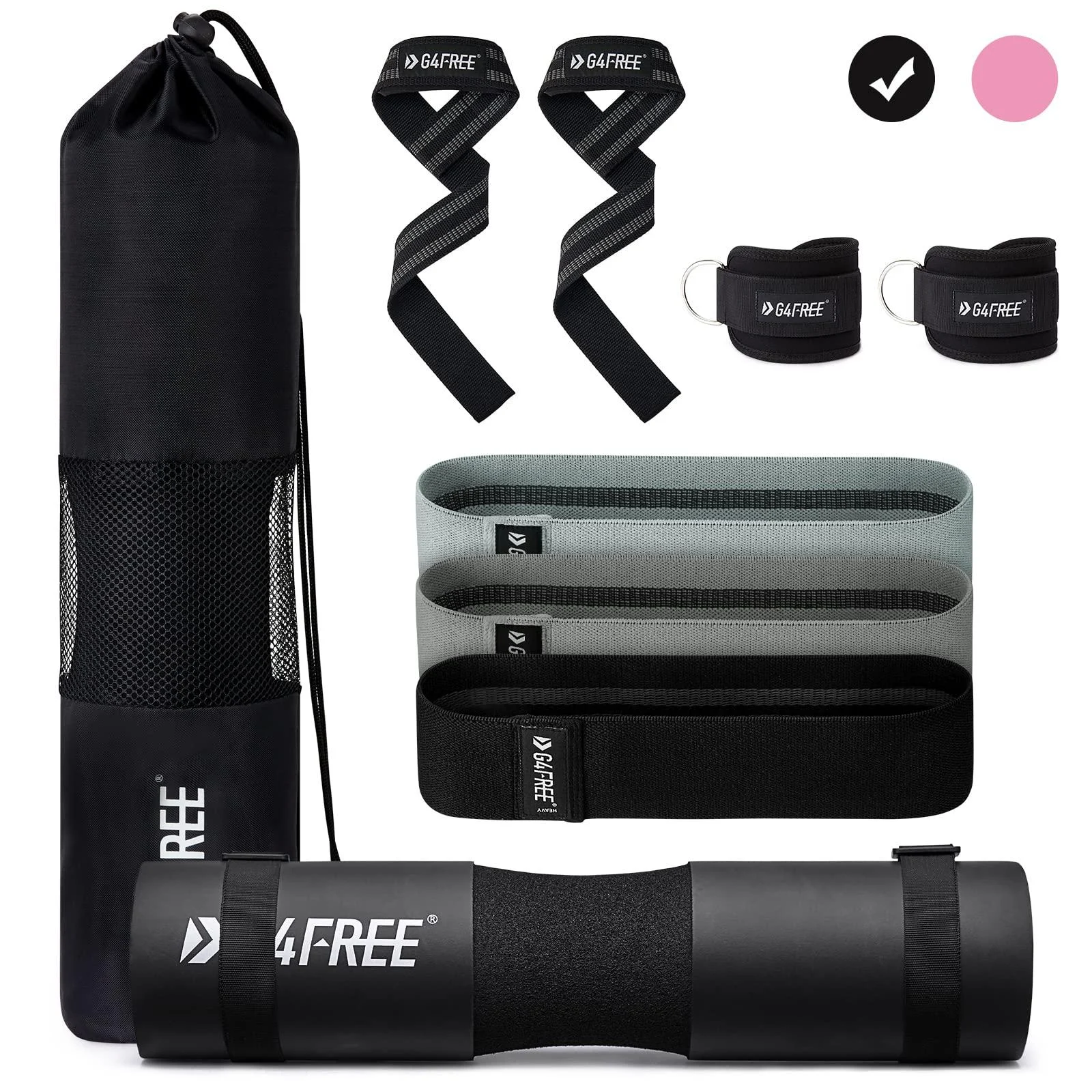 G4Free 9Pcs Barbell Pad Set for Squat, Hip Thrusts, Lunges, Leg day, Standard Olympic Bars with 2 Gym Ankle Safety Straps, 3 Hip Resistance Bands, 2 Lifting Strap, Barbell Pad, and Carry Bag Black