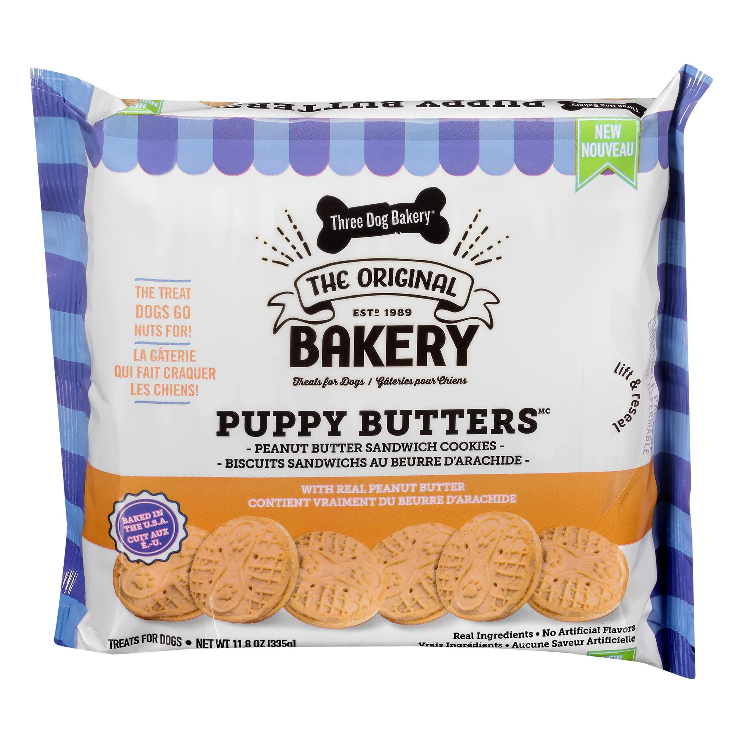 Three Dog Bakery Puppy Butters Peanut Butter Sandwich Dog Cookies White