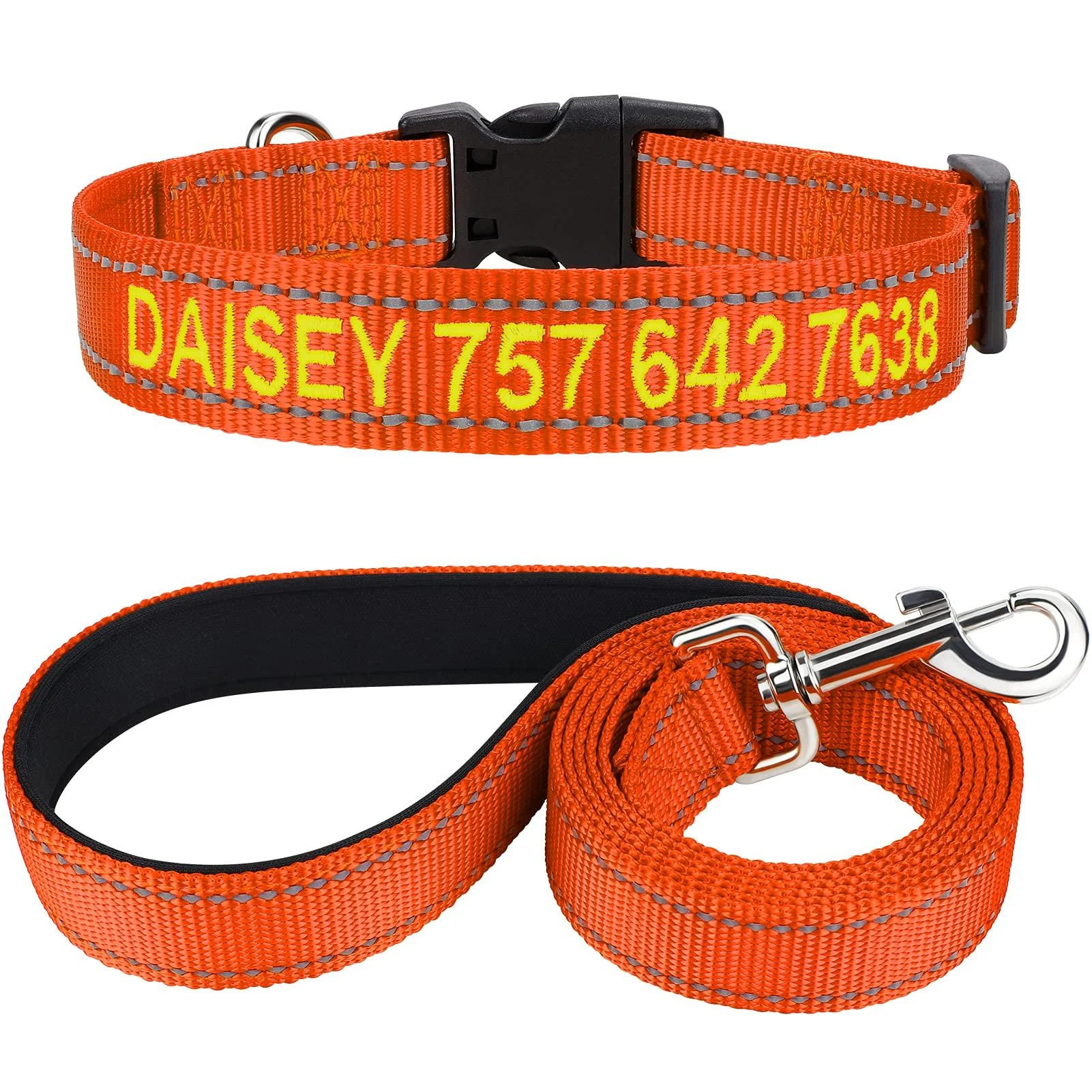Tagme dog collar and leash personalizing reflective dog collar with 1.5m double -sided reflective dog leash for small orange XS (1 Pack) orange set