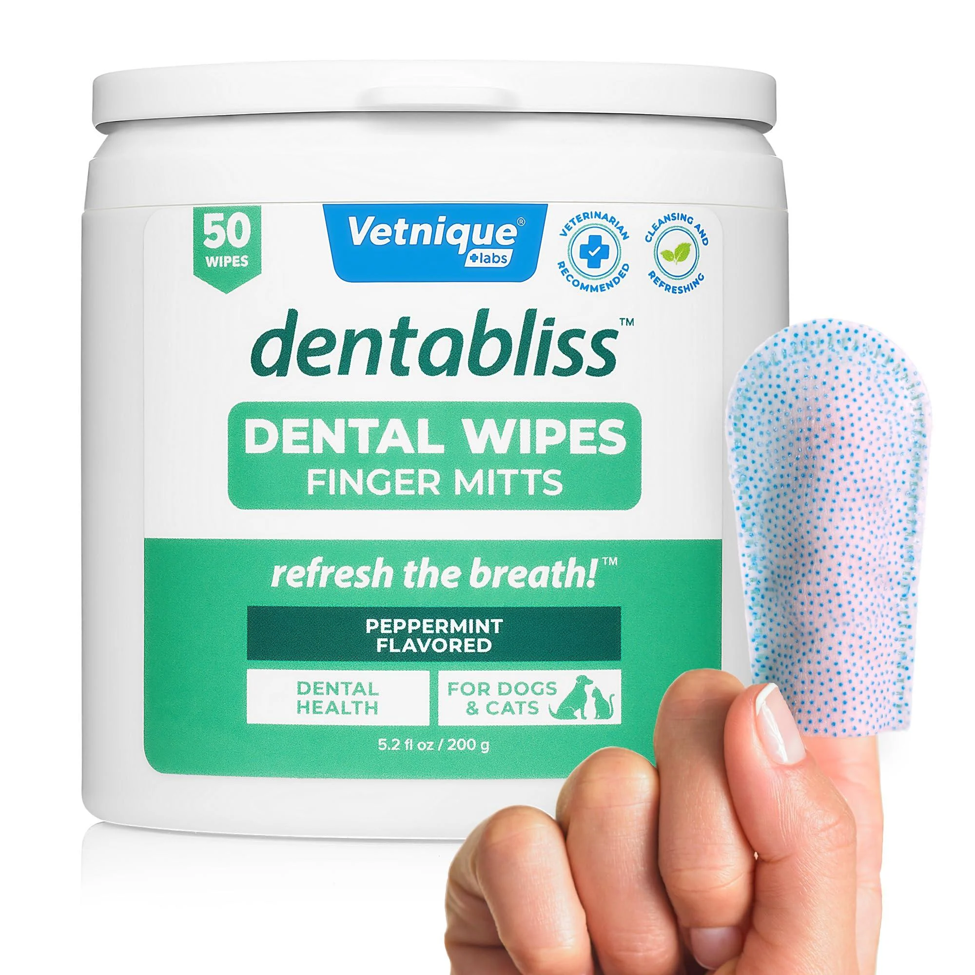 Vetnique Dentabliss - Dog Teeth Cleaning Finger Mitt Dental Wipe - Dog Plaque and Tartar Prevention with Brushing Beads - Convenient Dog Teeth Wipes with Peppermint Dog Breath Freshener 50ct