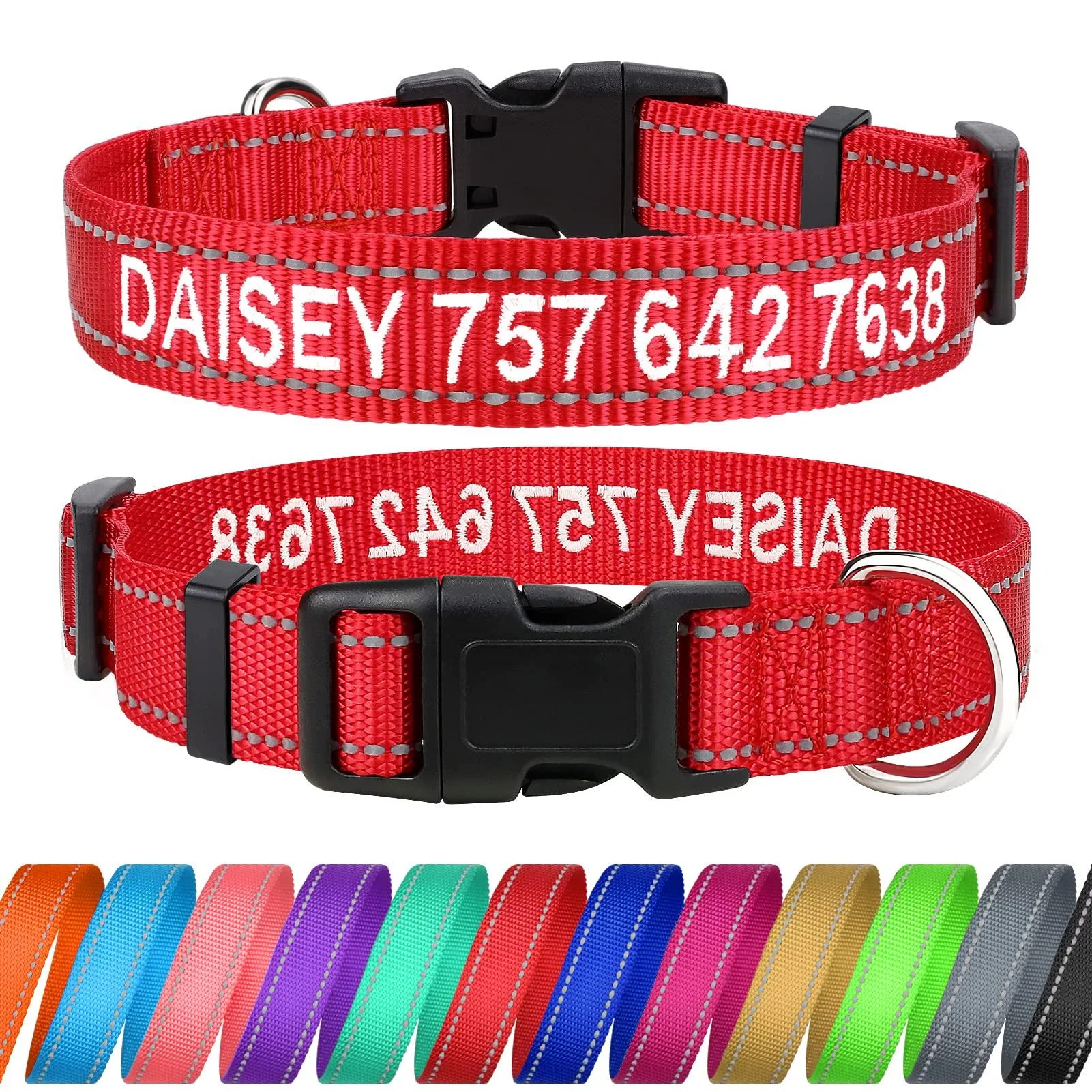 Tagme personalized dog collar for large dog with embroidered reflective nylon dog collar with pet name & telephone number red l l (1 Pack) red