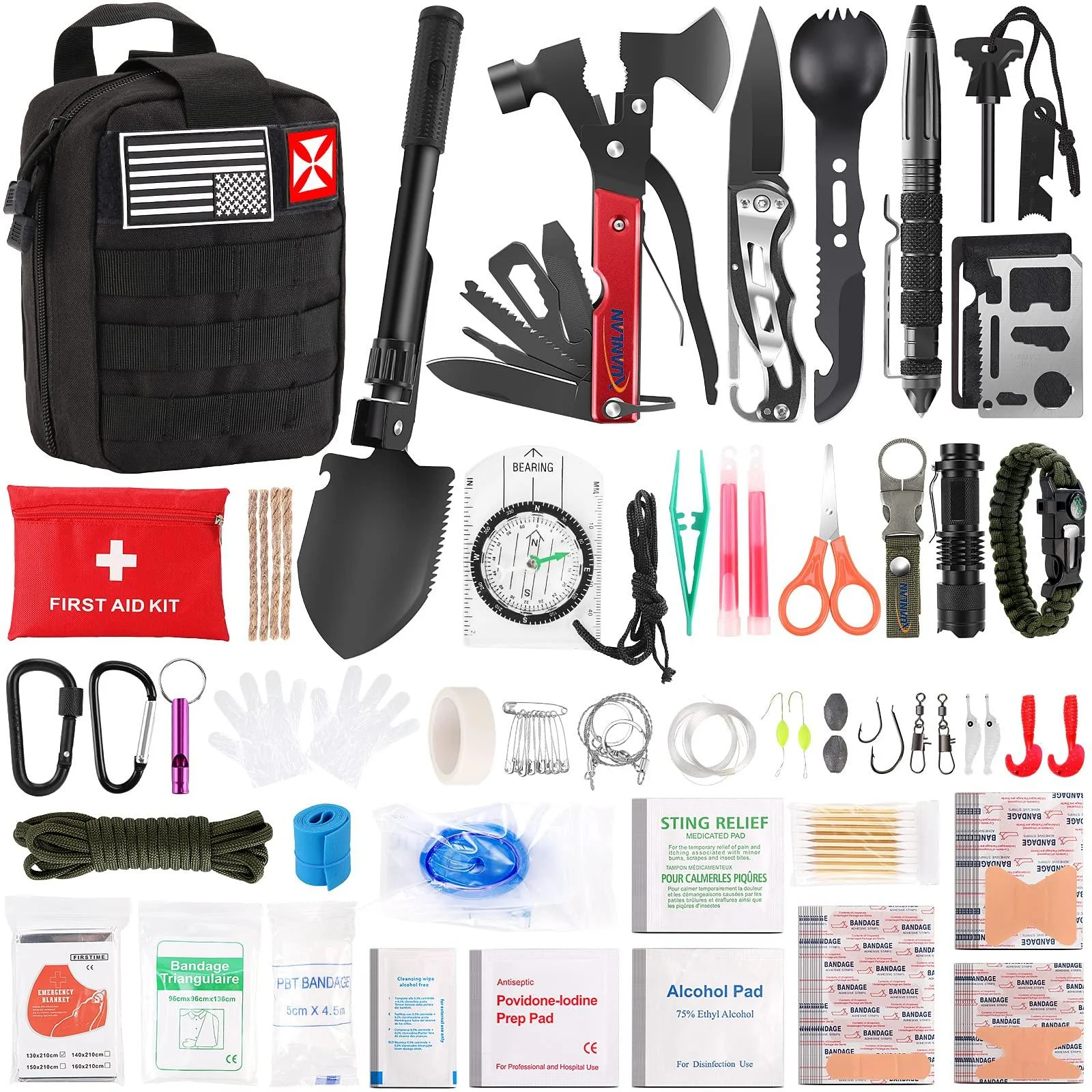 Survival First Aid Kit 248PCS Survival Tools Camping Essentials Tactical Gear Emergency Trauma Medical Supplies Packed in a MOLLE Pouch Cool for Men Camping Hiking Outdoor Activities Black - XUANLAN