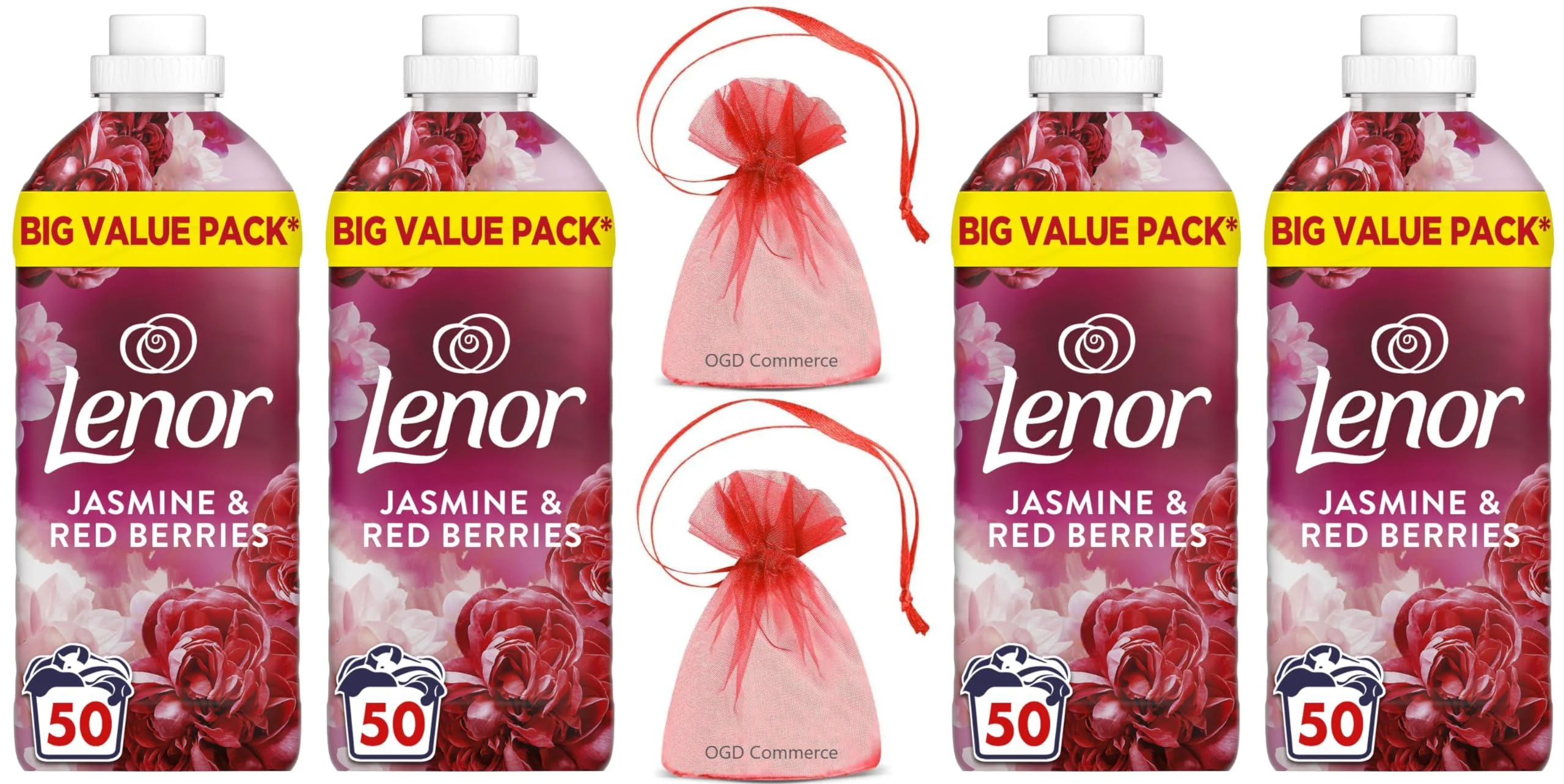 Lenor Fabric Conditioner 50 Washes 1.65L Wellbeing Collection Jasmine & Red Berries Scent 4 Bottles Pack + for You: Organza Small Bag - OGD COMMERCE