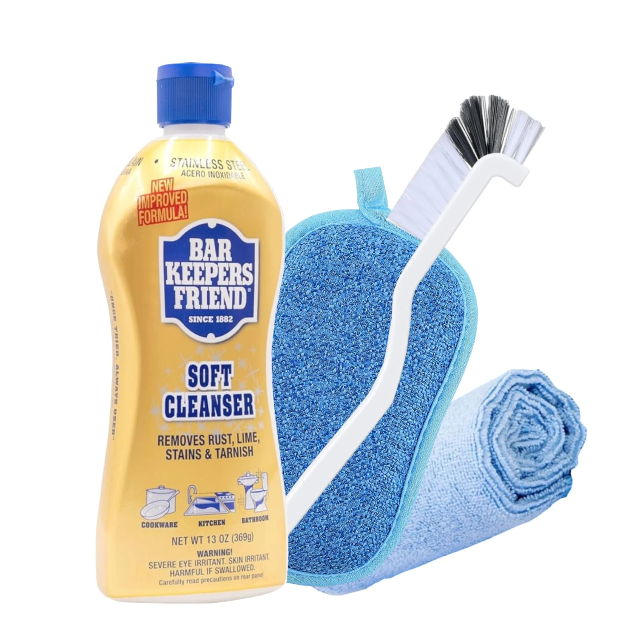 FII Bar Keepers Friend Soft Cleanser Liquid Cleaning Kit - 13oz Multi-Surface Stainless Steel Cleaner for Pots Pans Cooktops Bundle with Microfiber Towel Scrub Brush & Scouring Pad
