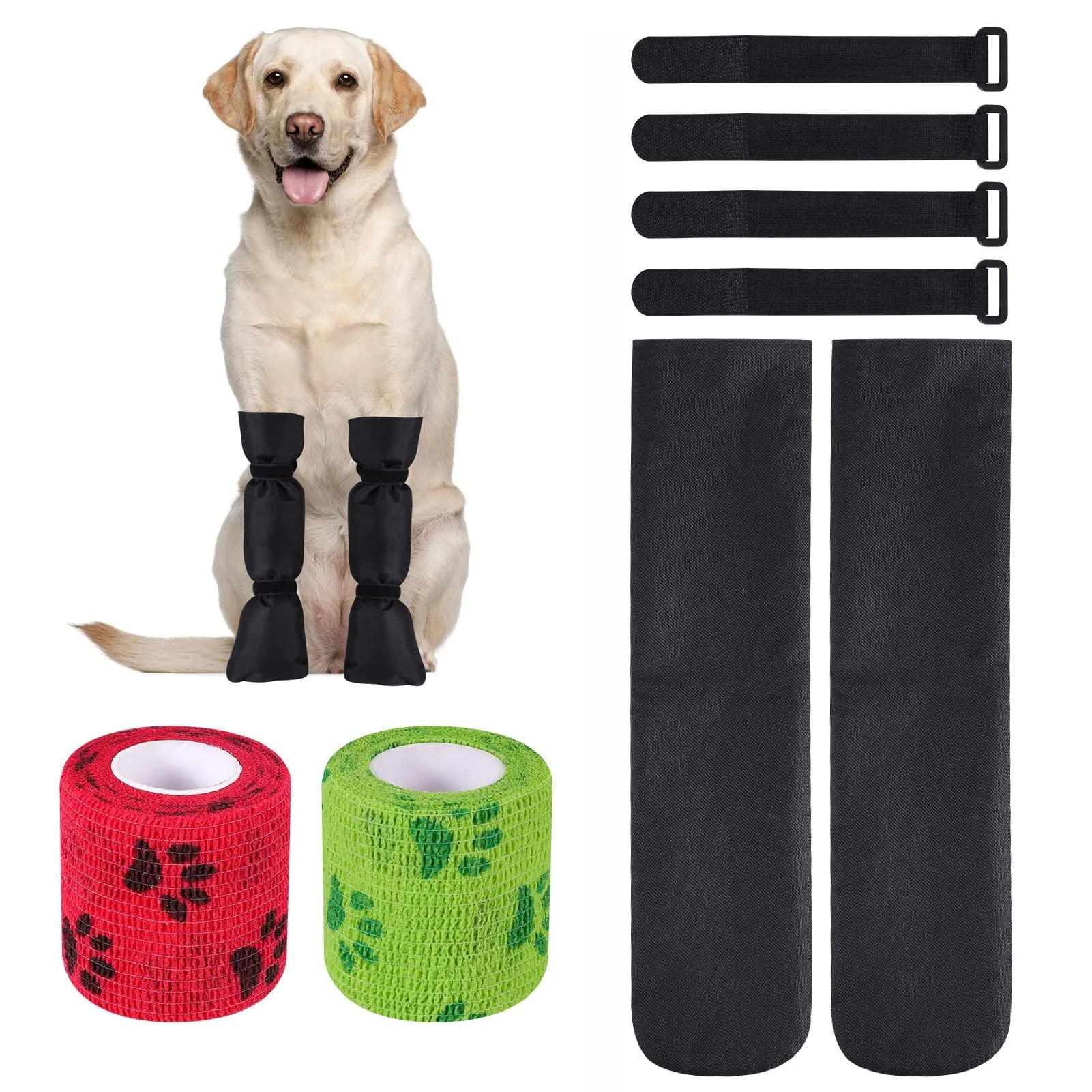Pinenuts Dog Paw Protector Waterproof Anti-Slip Dog Shoes Protective Sock + 2 Rolls Pet Vet Wrap + 4 pcs Skid-proof Set (10cm/40cm)