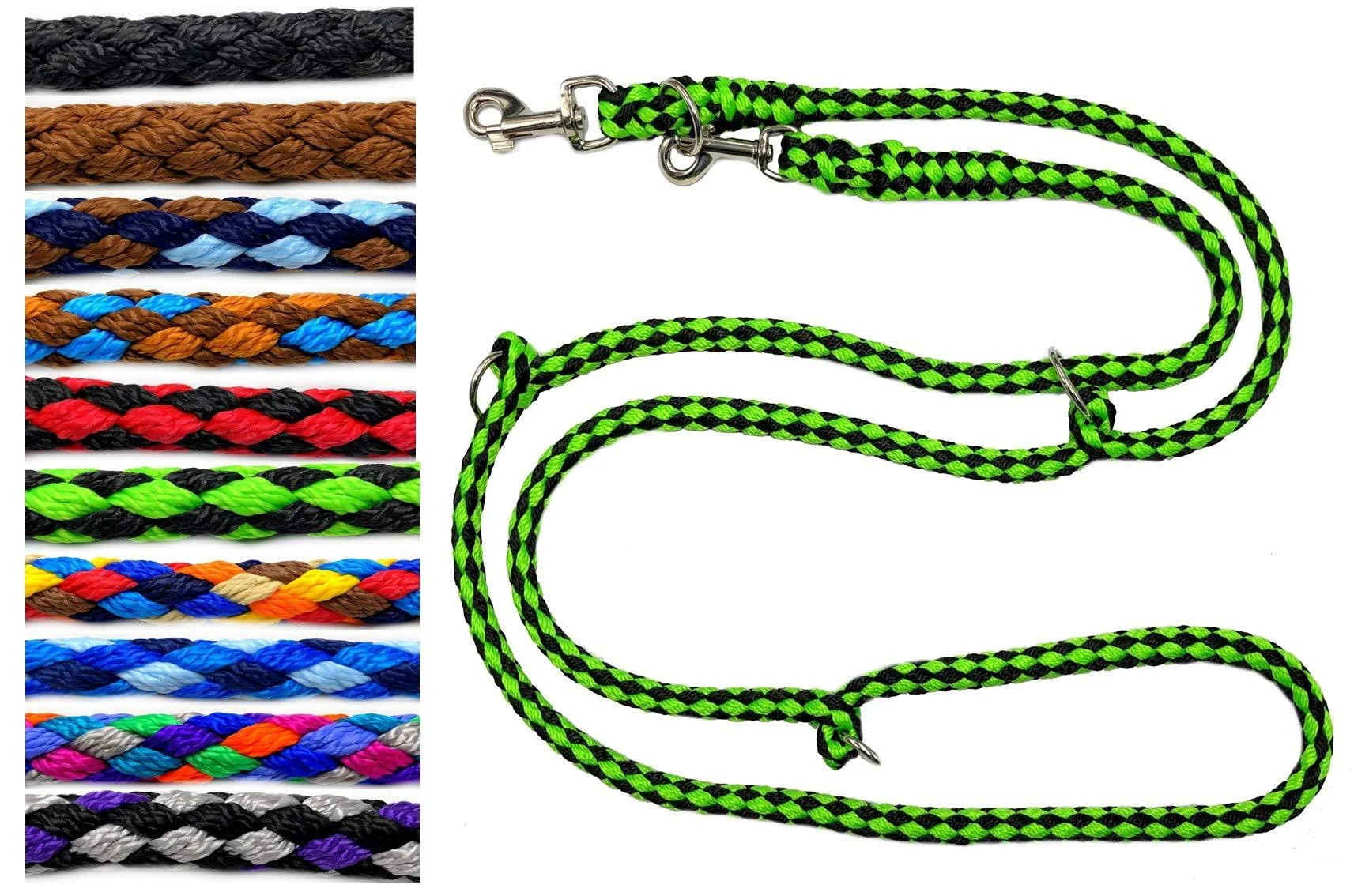 Dog linen large dogs up to 80 kg double-line jumbo 2.40m / 2.80m / 3.50m / 5m adjustable exercise line / guide in 17 different fabras very stable (5m 5-fold black-neongr n) 5m 5 mallable black-neon green