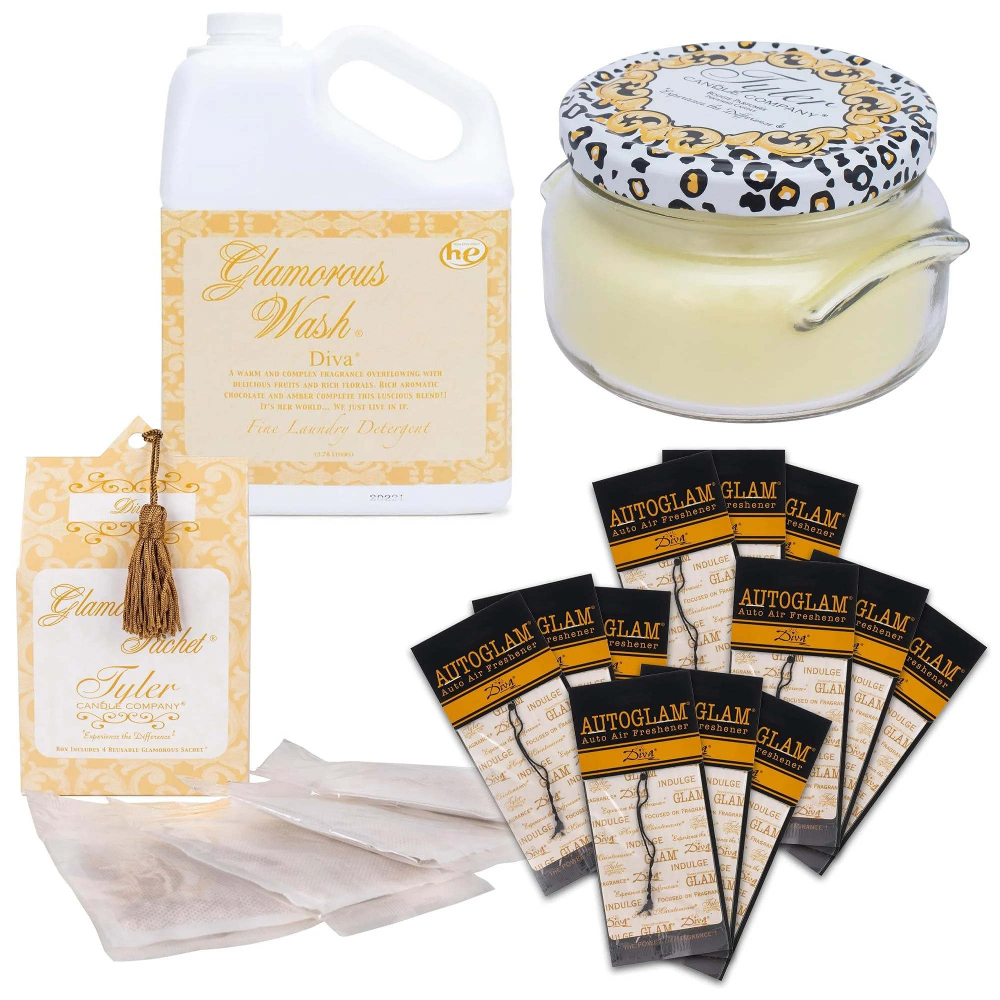 Elanze Designs Glam HE Fine Laundry Wash Hand-Poured Scented Soy Candle Fragrant Home Sachet and Auto Air freshener 4 Piece Luxury Set Diva