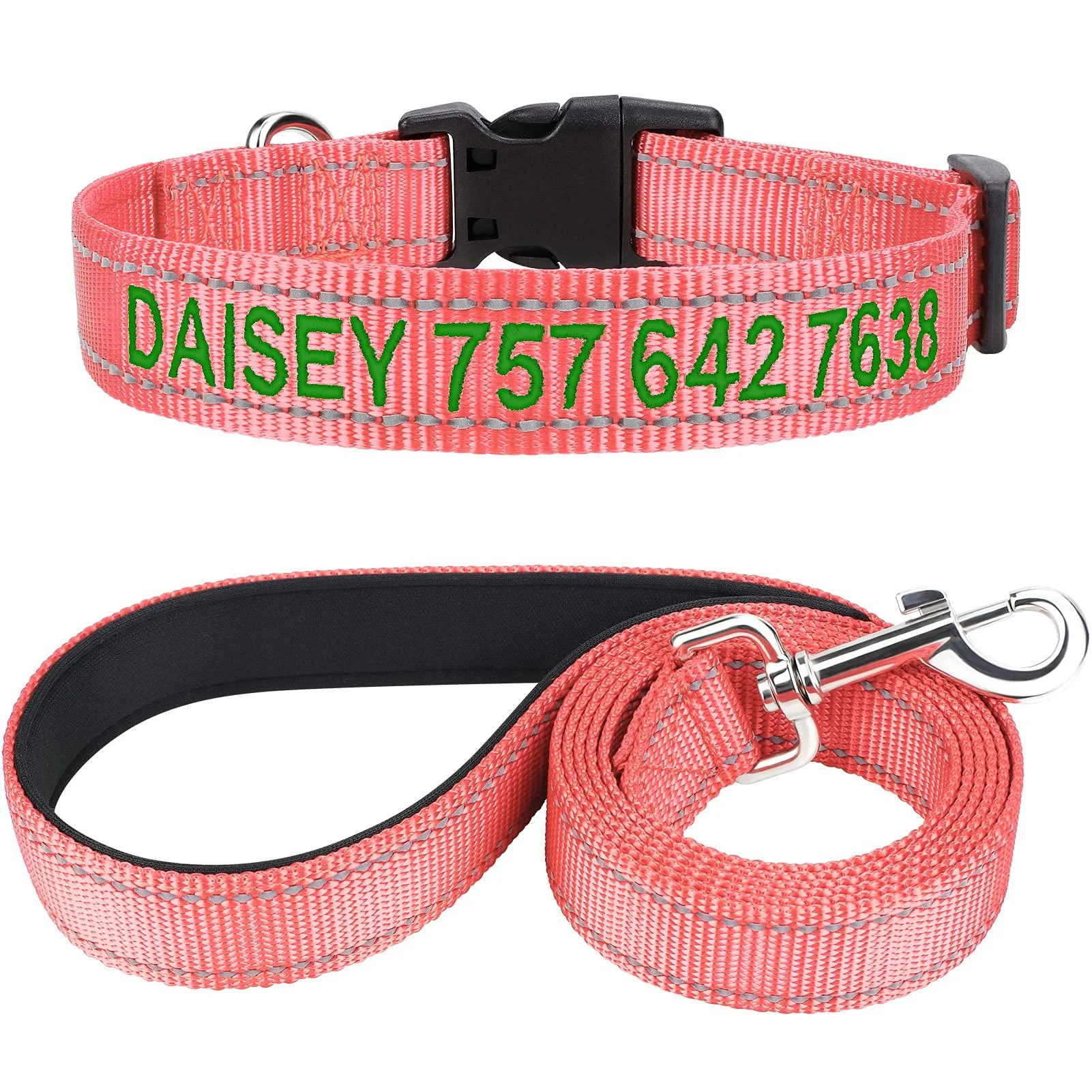 Tagme dog collar and leash personalized reflective dog collar with 1.5m double -sided reflective dog leash for small baby bossa XS (1 Pack) Babyrosa set