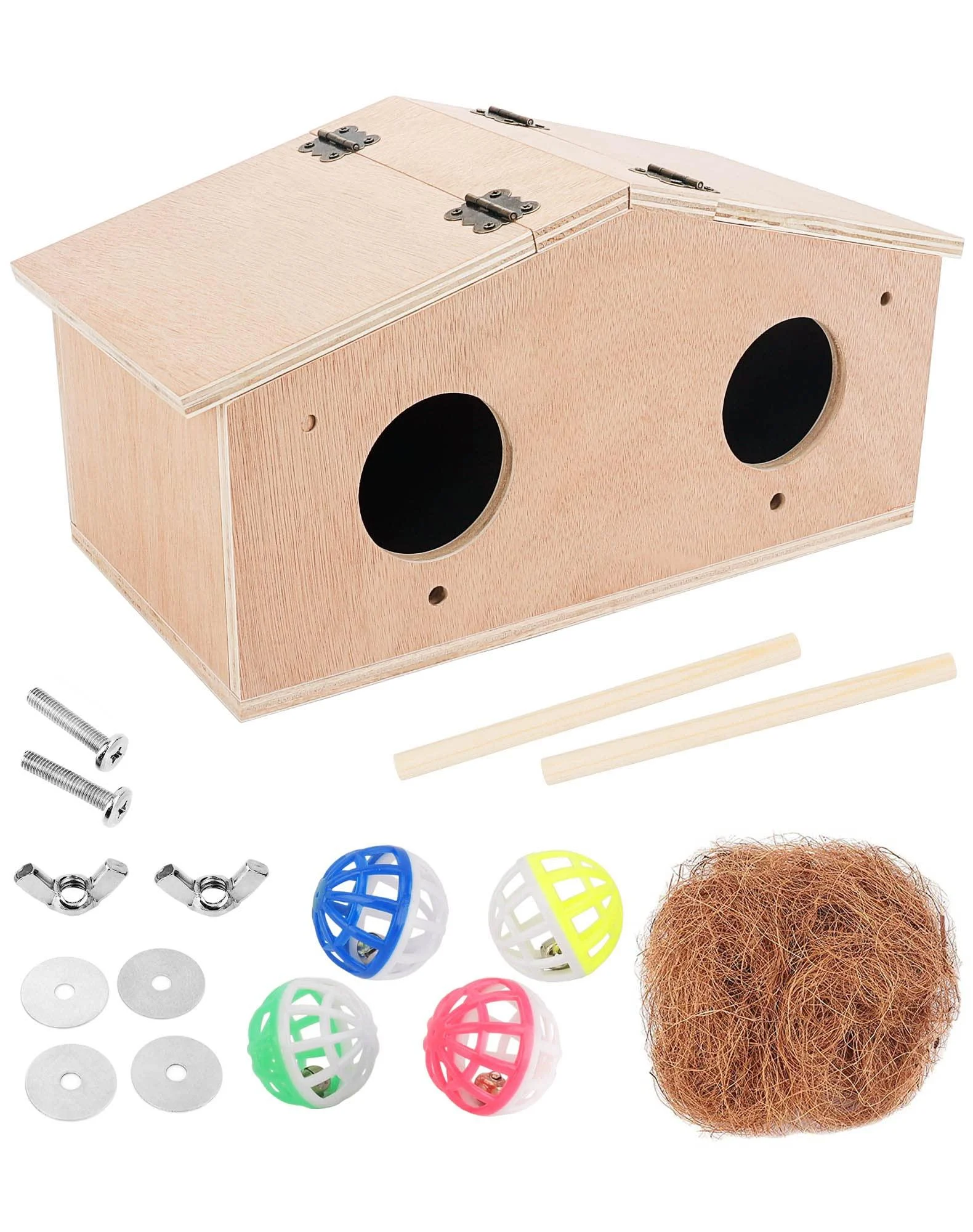 PETNANNY Parakeet Nesting Box, Wooden Bird House Pet Bird Nest Kits Breeding Box Cage Birdhouse Accessories with Bamboo Bird's Nest, A Bag of Coconut Shreds, Bell Toys for Parrots Swallows Birds Large