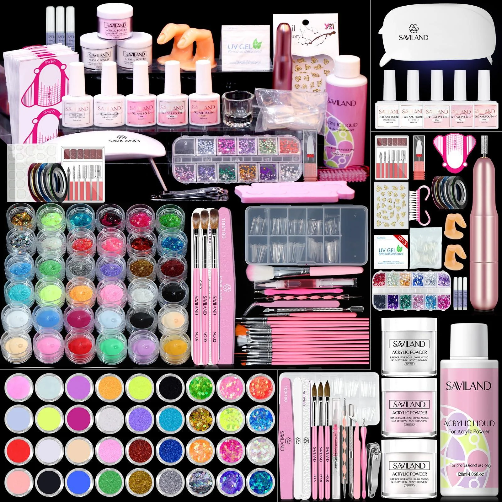 SAVILAND Acrylic Nail Kit Nails Kit Acrylic Set Acrylic Powder & Liquid with Nail Drill Acrylic Brush Gel Nail Polish Clear Nails Tips Nail Art Tools Nail Stuff for Nail Starters DIY