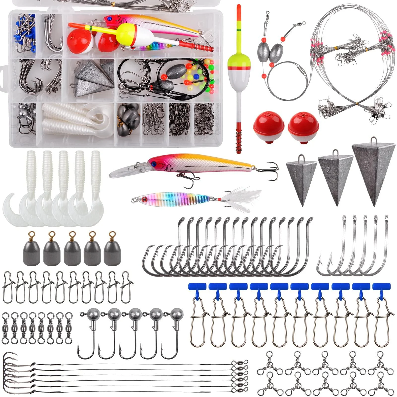 Saltwater Fishing Surf Fishing Rigs Tackle Kit - 138pcs Include Pyramid Sinkers Saltwater Fishing Lures Hooks Leaders Swivels Snaps Beads Floats Beach Fishing Gear