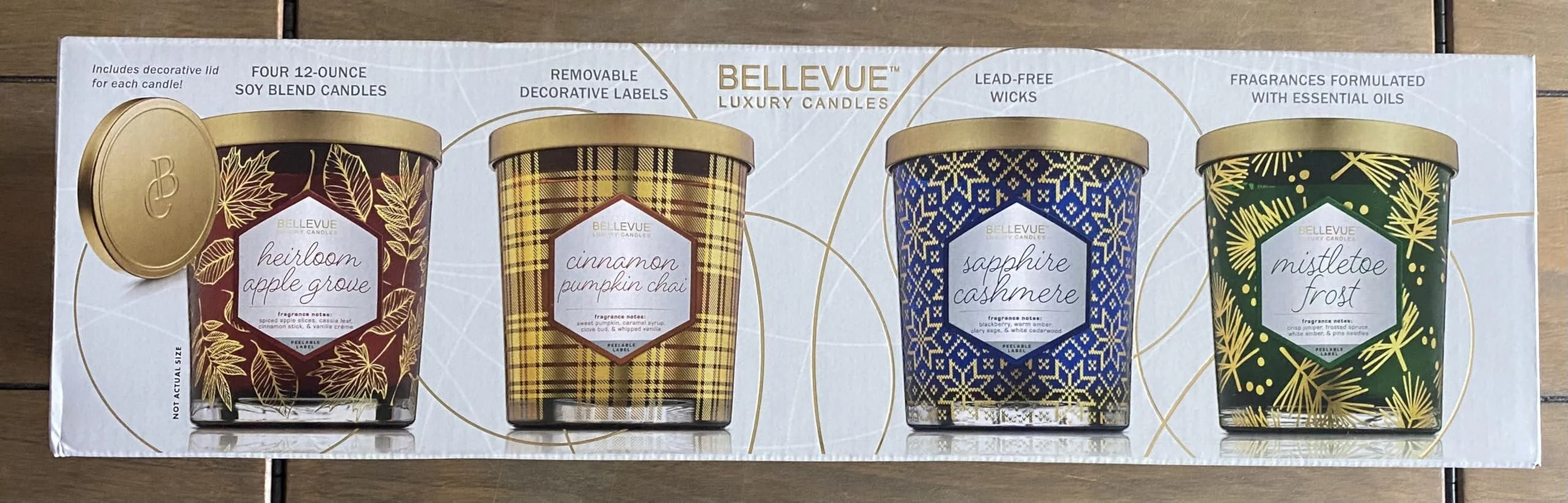 Bellevue Luxury Candles 4 Soy Blend Candles 12 oz Each Removable Labels Lead-Free Wicks Fragrances with Essential Oils