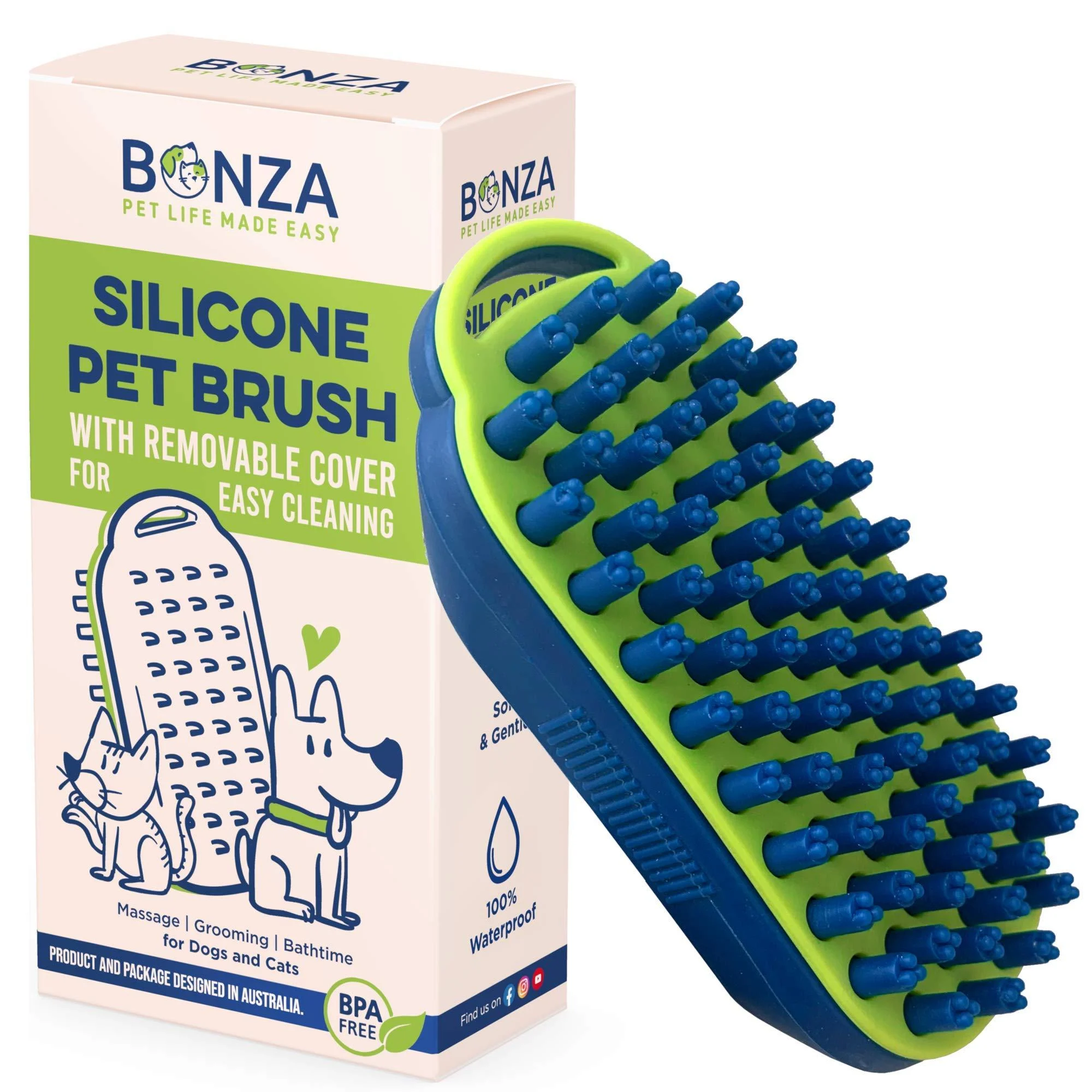 Bonza dog brush - cat brush - dog care - cat care - massage brush - bathing brush - soft silicone bristles - removable screen for easy cleaning 2 pieces (1 Pack)