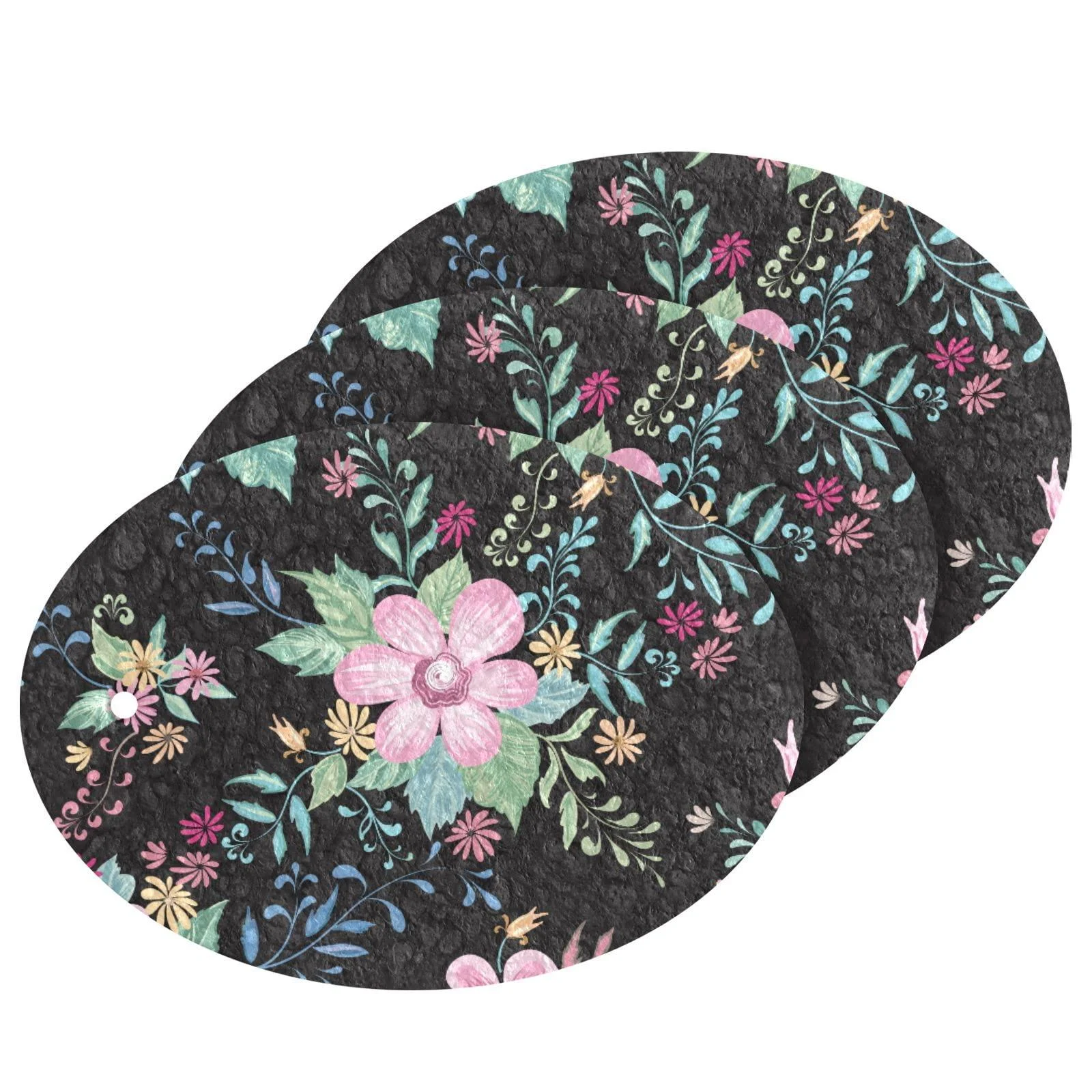 3-Pack Cleaning Kitchen Sponges Oval Pink Flower Leaves Kitchen Cellulose Dishwashing Wood Pulp Cotton