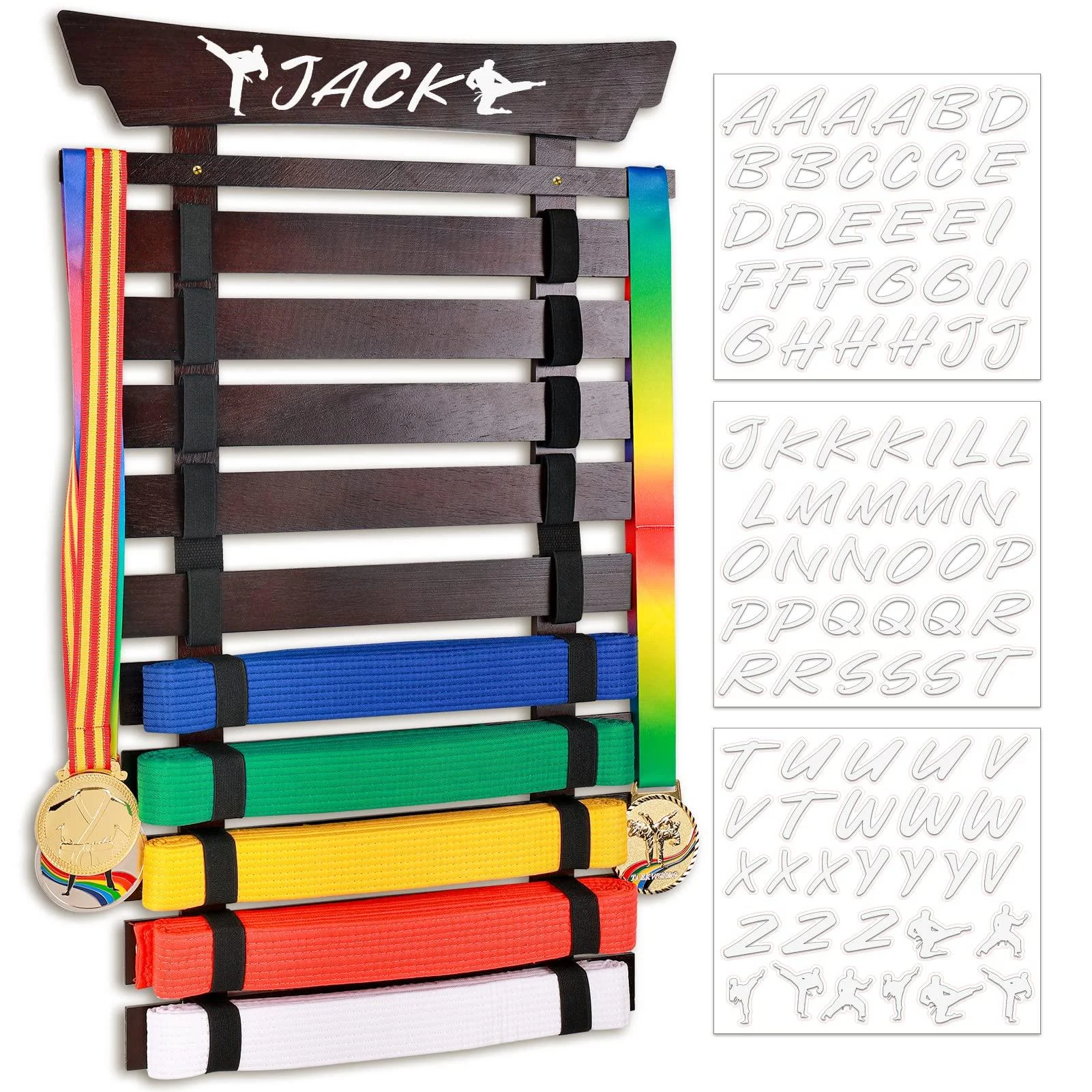 Winartton 10 Belts Karate Belt Display Rack with Stickers, Taekwondo Belt Display Holder, Martial Arts Belt Display, No Assembly Required, BJJ Hanging Holder for Kids and Adult