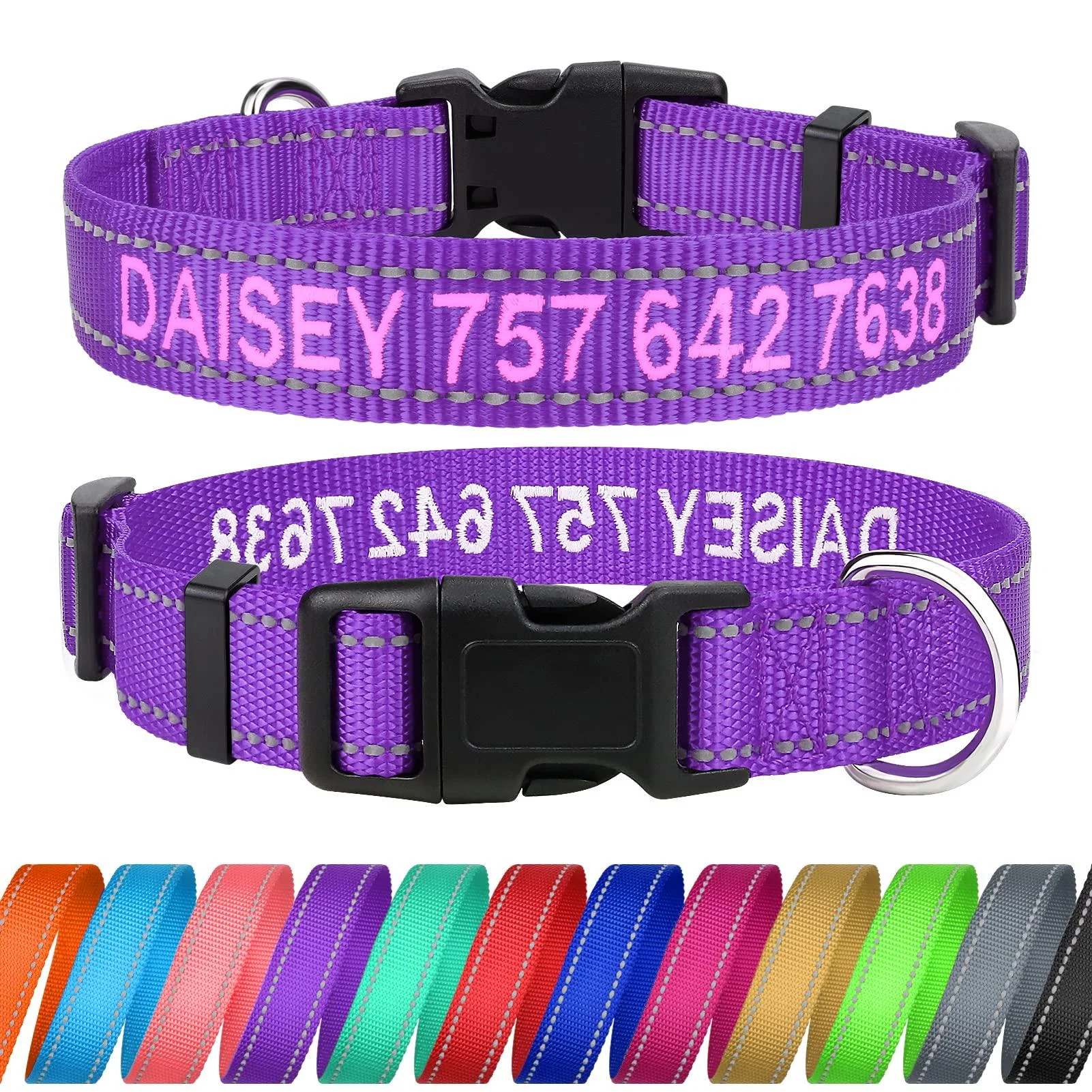 Tagme Personalized dog collar for medium dog with embroidered reflective nylon dog collar with pet name & telephone number purple m m (1 Pack) purple