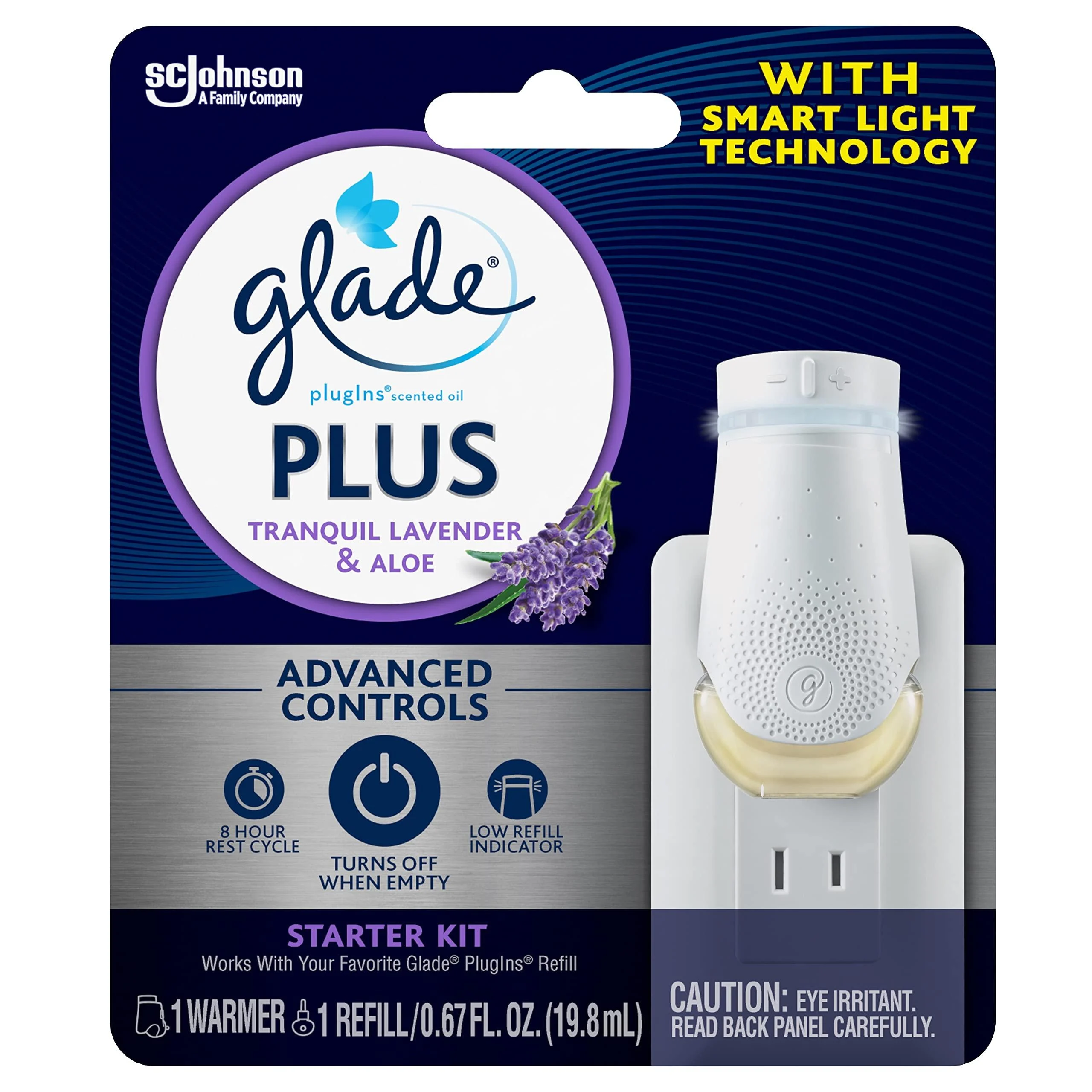 Glade PlugIn Plus Air Freshener Starter Kit Scented Oil for Home and Bathroom Tranquil Lavender & Aloe 0.67 Fl Oz 1 Warmer + 1 Refill