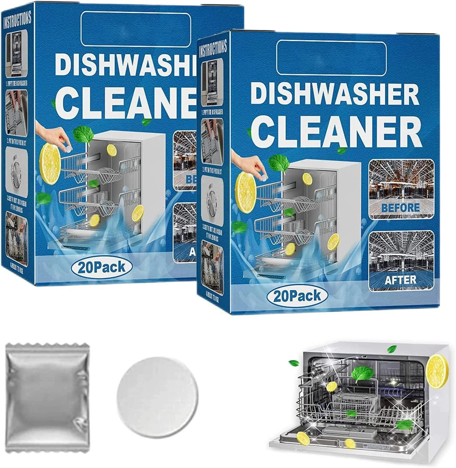 Dishwasher Tablets Dishwasher Cleaning Tablets Removes Limescale Build Up Dishwasher Cleaner for Kitchen Tableware Care Dishwasher Detergent (2box) - Endxedio